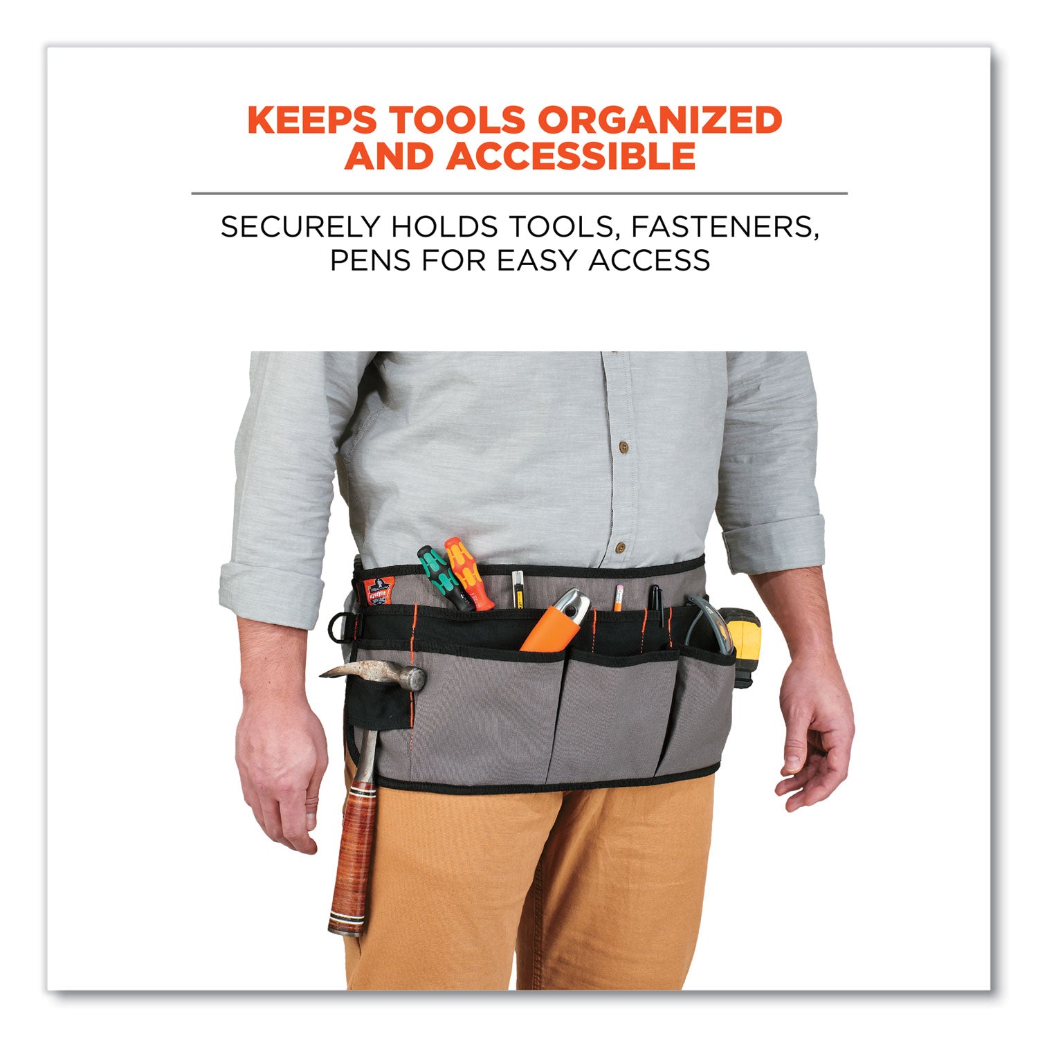 ergodyne® Arsenal 5707 Canvas Waist Apron, 14 Compartments, 25.5 x 34, Canvas, Gray