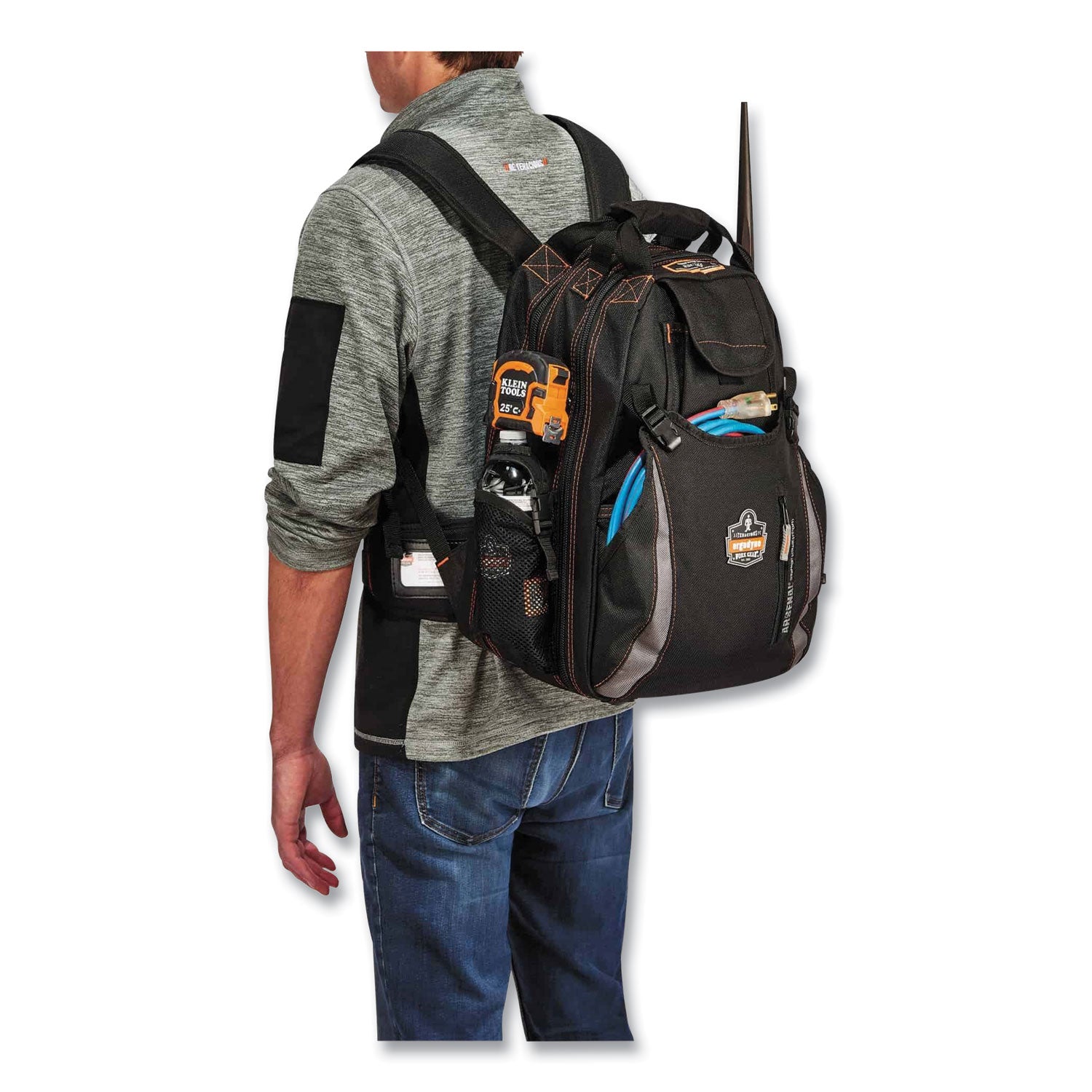 ergodyne® Arsenal 5843 Tool Backpack Dual Compartment, 26 Compartments, 8.5 x 13.5 x 18, Ballistic Polyester, Black/Gray