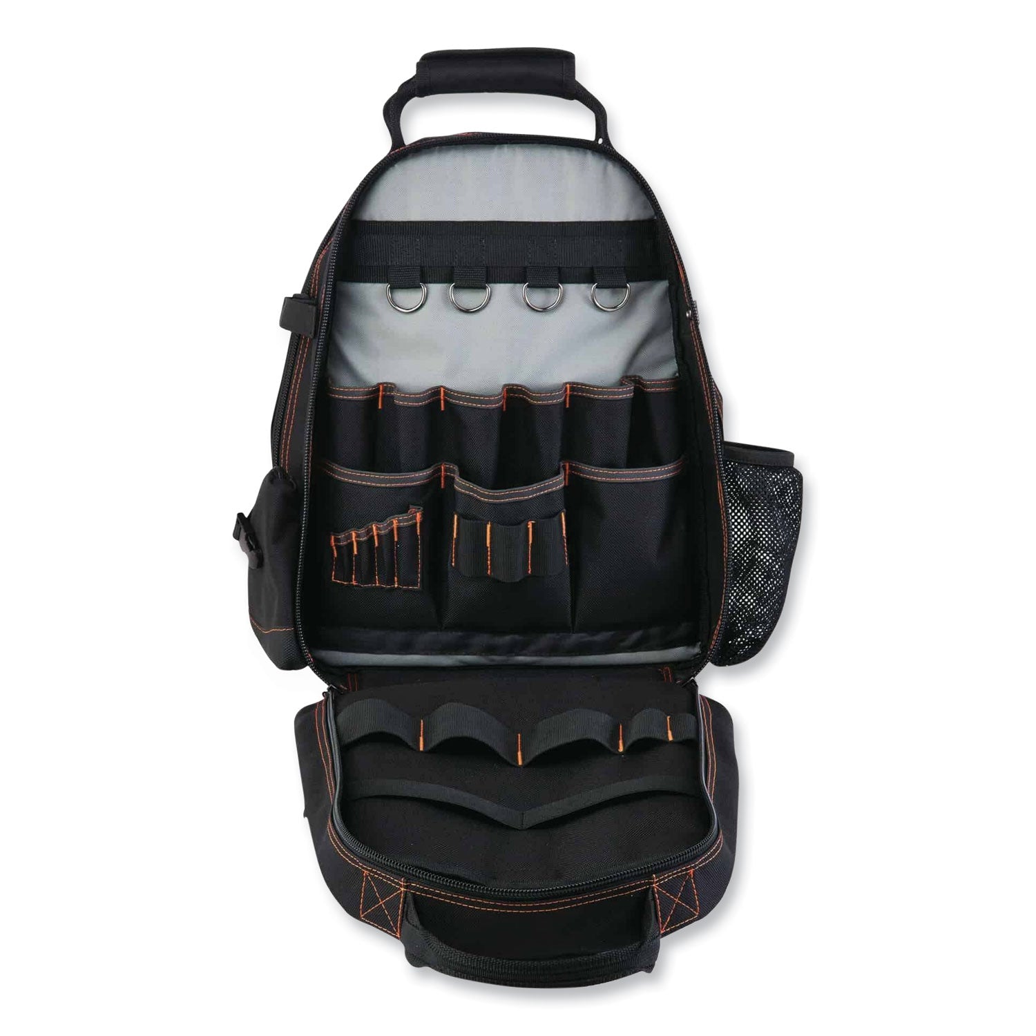 ergodyne® Arsenal 5843 Tool Backpack Dual Compartment, 26 Compartments, 8.5 x 13.5 x 18, Ballistic Polyester, Black/Gray