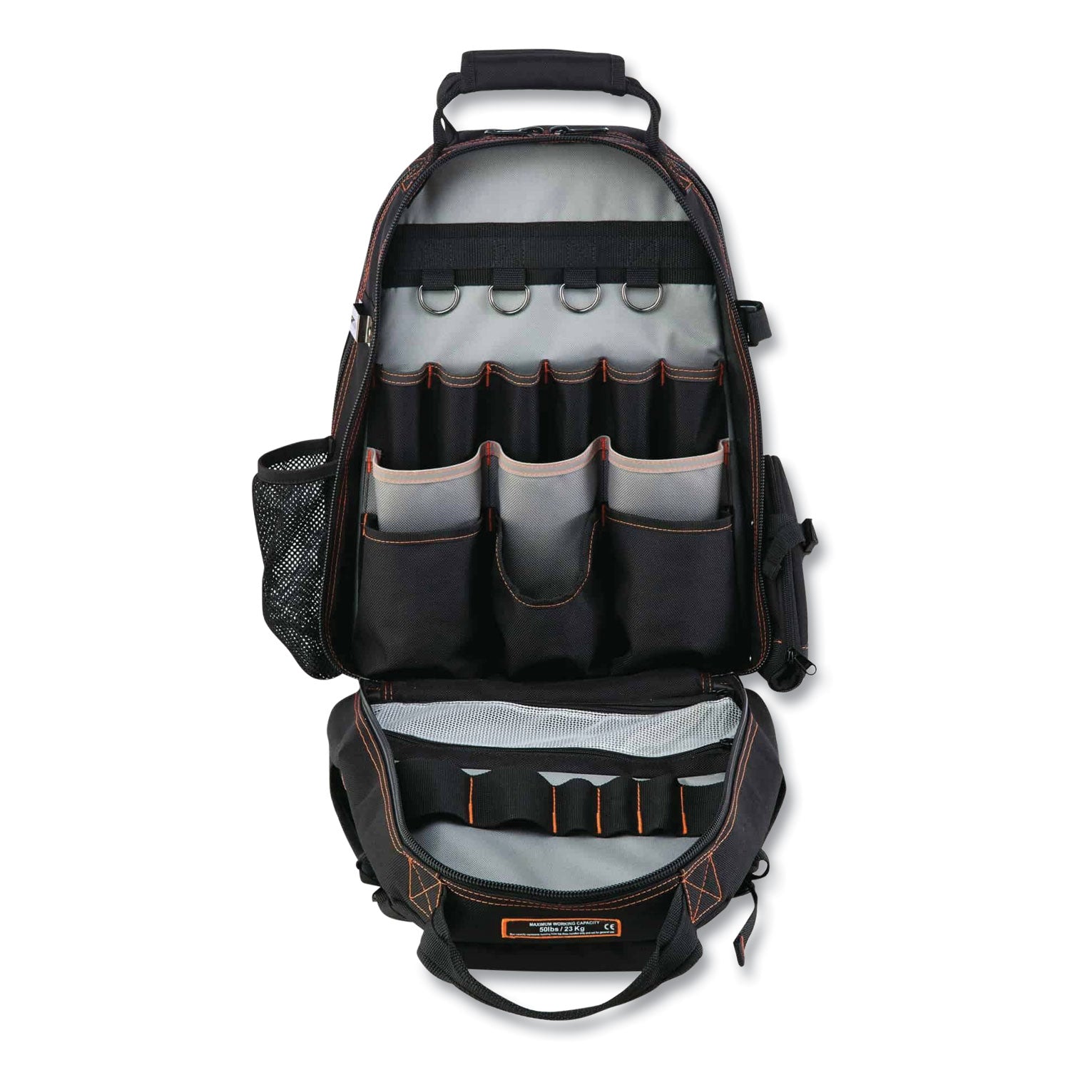 ergodyne® Arsenal 5843 Tool Backpack Dual Compartment, 26 Compartments, 8.5 x 13.5 x 18, Ballistic Polyester, Black/Gray