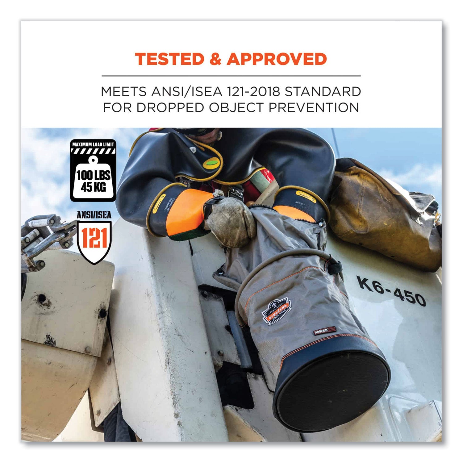 ergodyne® Arsenal 5973 Hoist Bucket Tool Bag with D-Rings and Zipper Top, 12.5 x 12.5 x 17, Gray