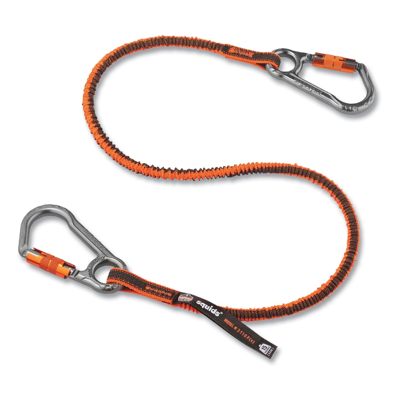 Squids 3118F(x) Tool Lanyards with Locking Aluminum Carabiners, 15 lb Working Capacity, 38" to 48" Long, Orange/Gray