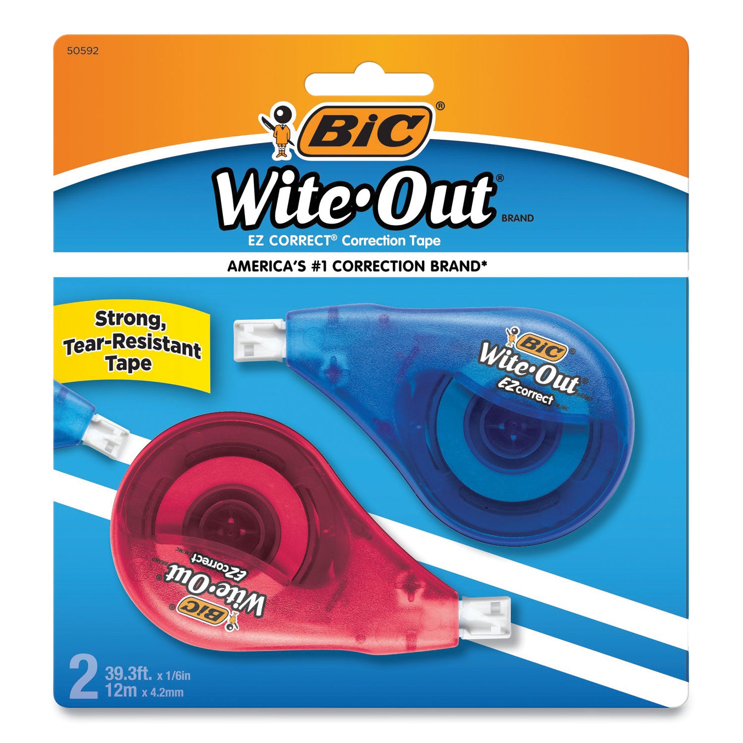 Wite-Out EZ Correct Correction Tape, Non-Refillable, Randomly Assorted Applicator Colors, 0.17" x 472", 2/Pack