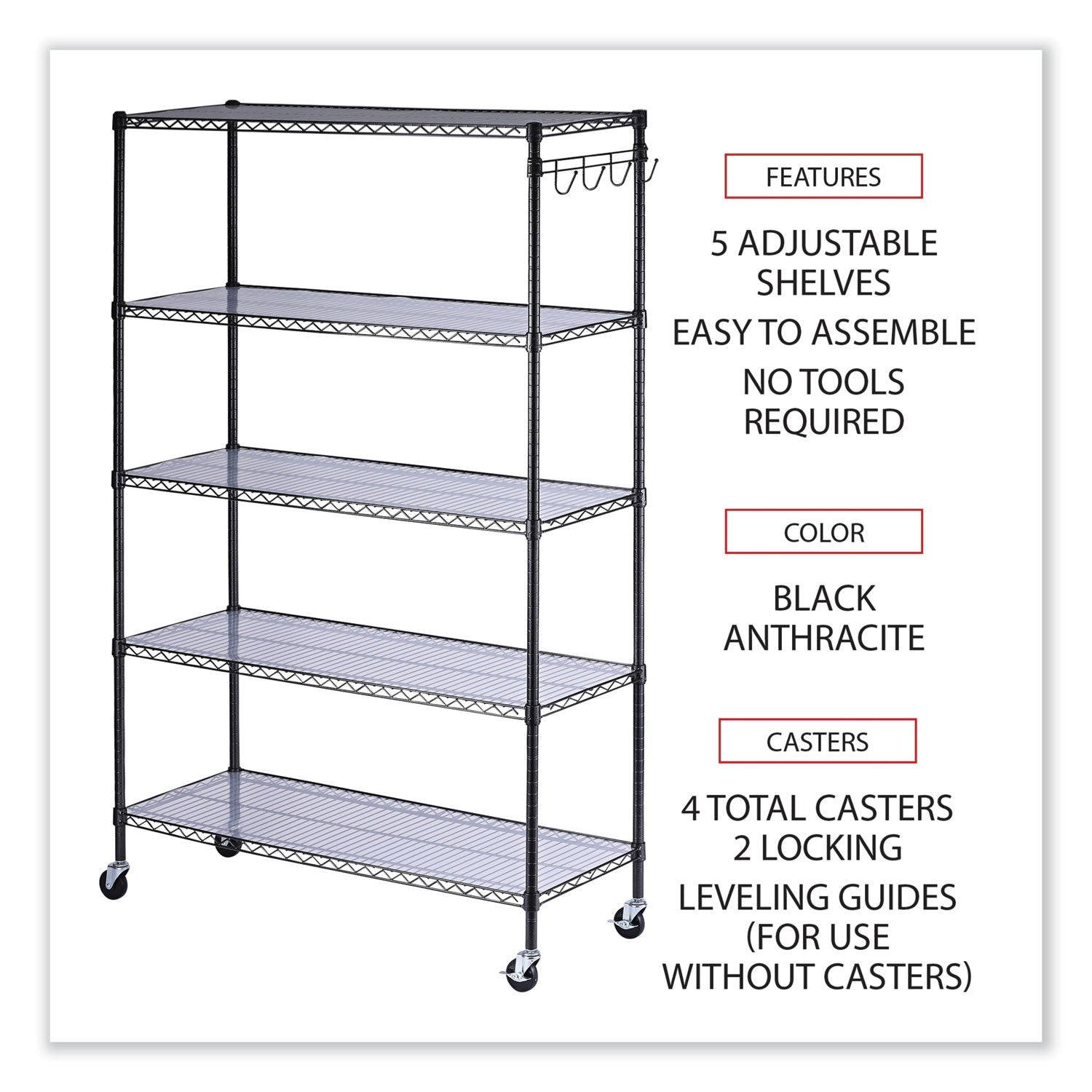 Alera® 5-Shelf Wire Shelving Kit With Casters And Shelf Liners, 48w X 18d X 72h, Black Anthracite