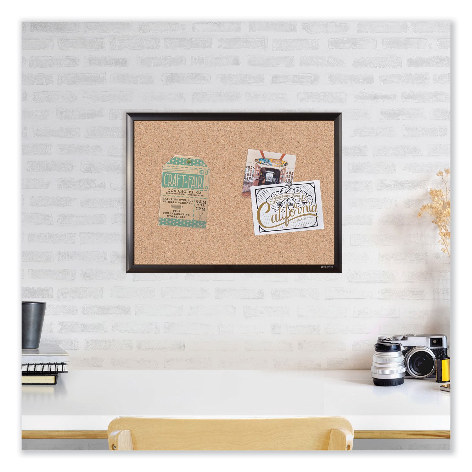 U Brands Cork Bulletin Board with Aluminum Frame, 48" x 36" (Actual Size: 47" x 35"), Tan Surface, Black Aluminum Frame
