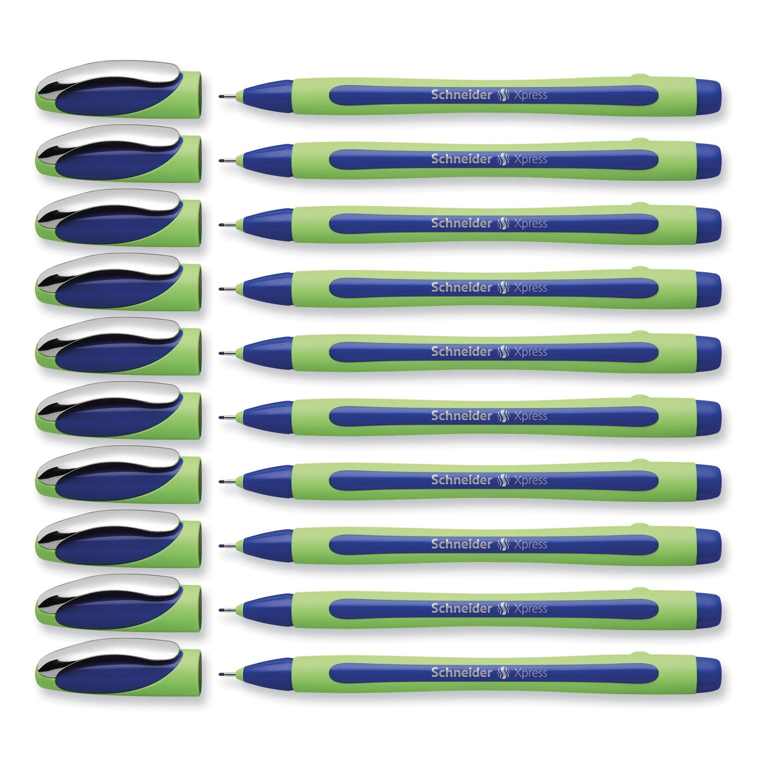 Schneider® Xpress Fineliner Porous Point Pen, Stick, Medium 0.8 Mm, Blue Ink, Blue/green Barrel, 10/box