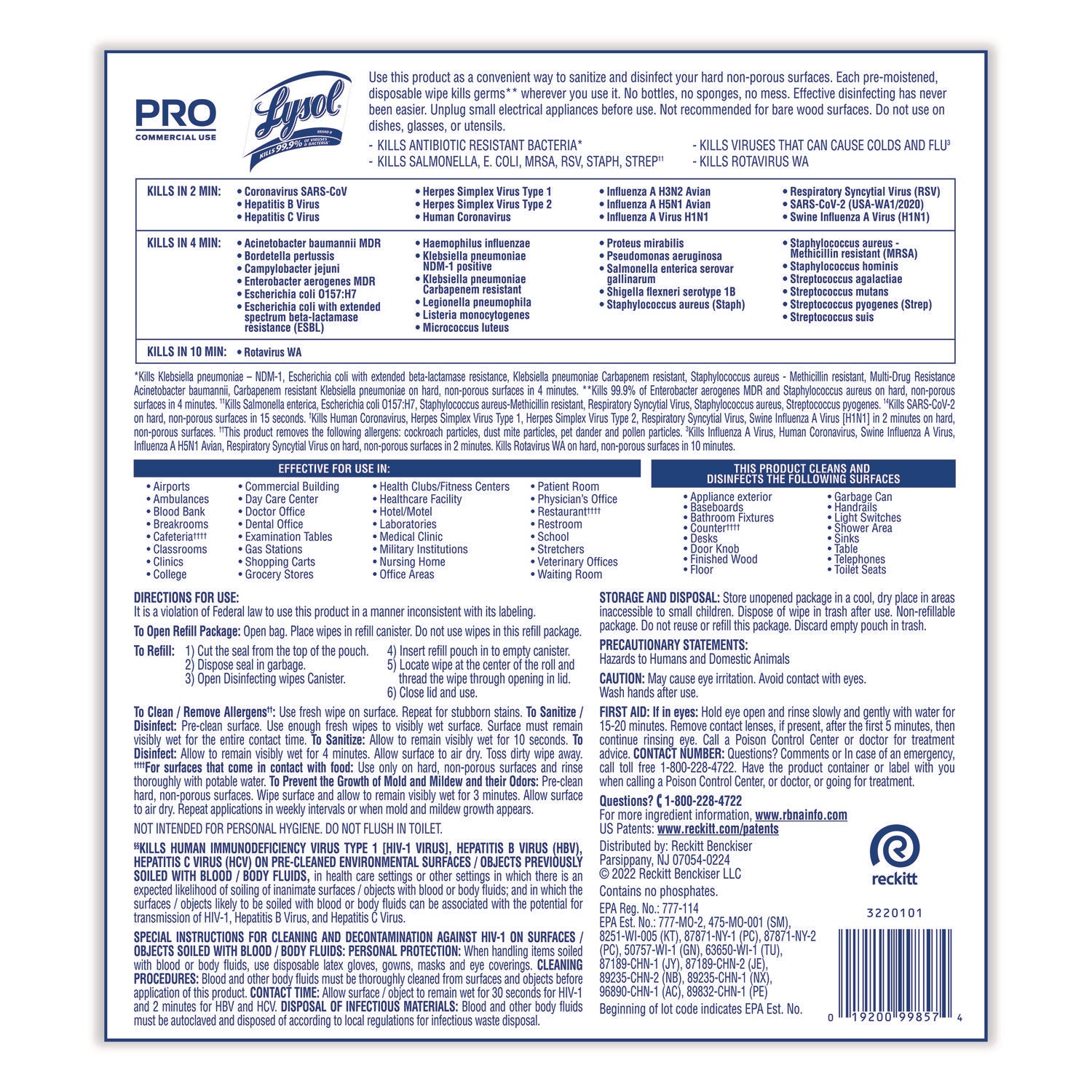 LYSOL® Brand Professional Disinfecting Wipe Bucket Refill, 1-Ply, 6 x 8, Lemon and Lime Blossom, White, 800 Wipes/Bag, 2 Refill Bags/CT