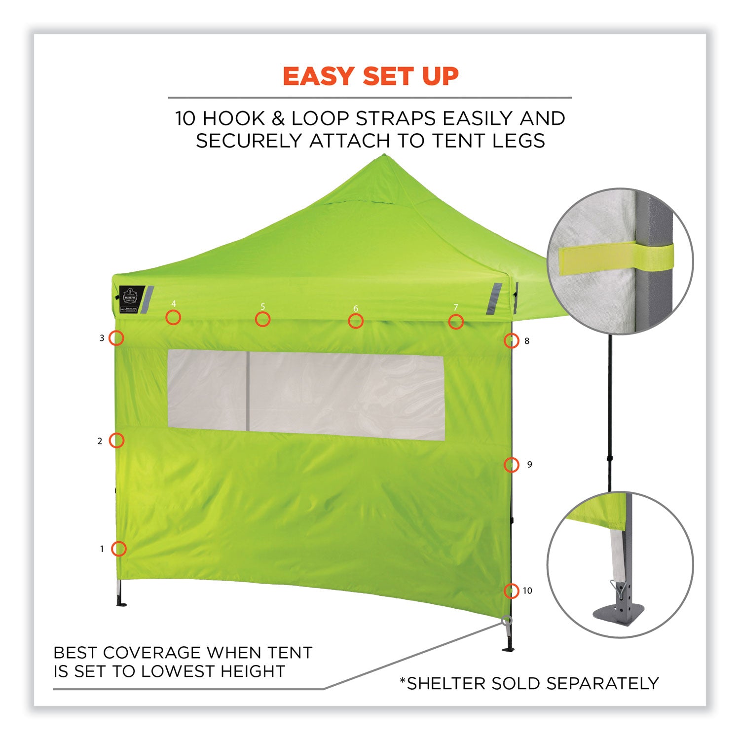 ergodyne® Shax 6092 Pop-Up Tent Sidewall with Mesh Window, Single Skin, 10 ft x 10 ft, Polyester, Lime