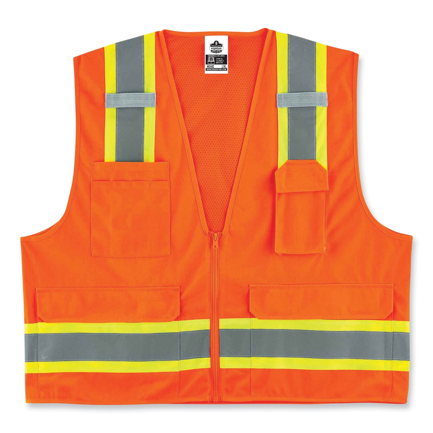 GloWear 8248Z Class 2 Two-Tone Surveyors Zipper Vest, Polyester, 2X-Large/3X-Large, Orange