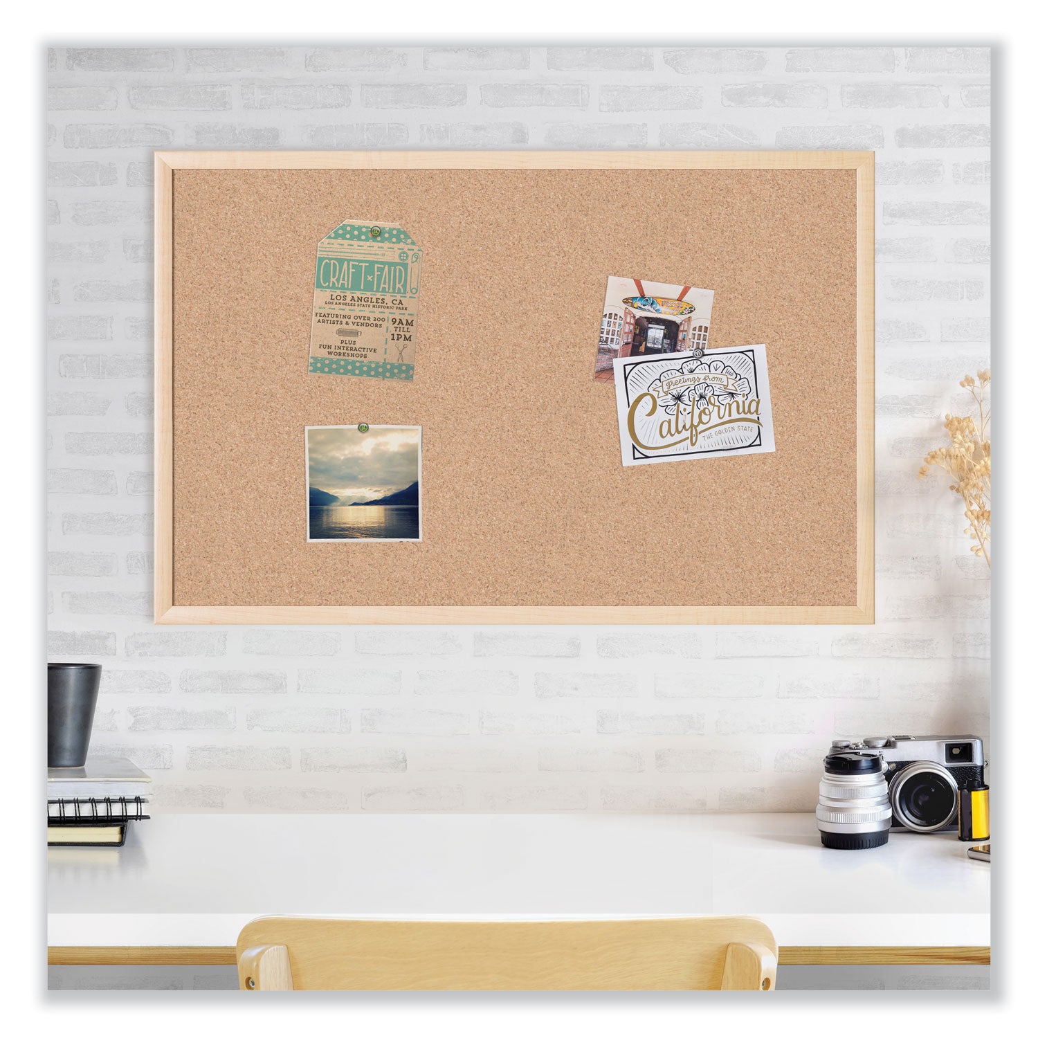 U Brands Cork Bulletin Board, 48" x 36" (Actual Size: 47" x 35"), Tan Surface, Birch Finished Wood Frame