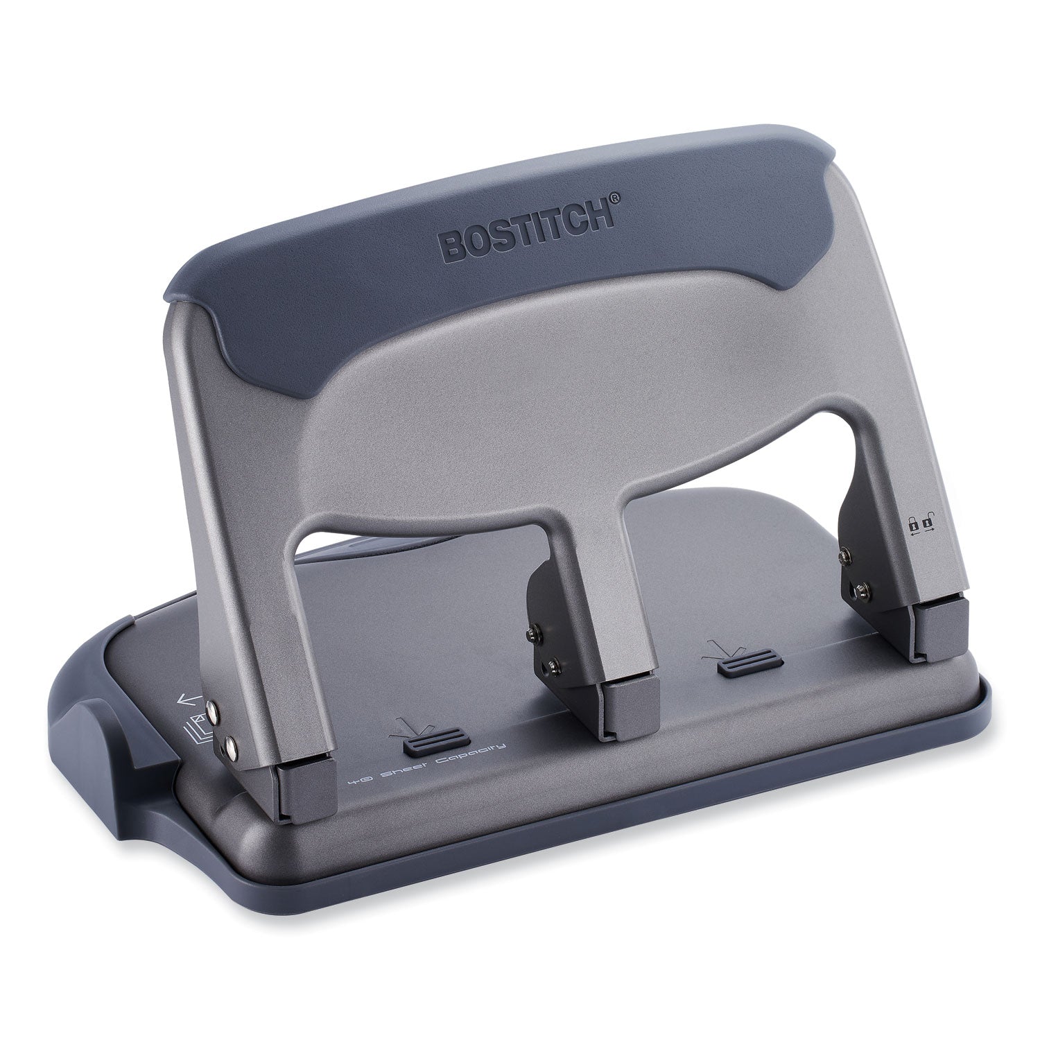 Bostitch® 40-Sheet EZ Squeeze Antimicrobial Protected Heavy-Duty Three-Hole Punch, 9/32" Holes, Gray