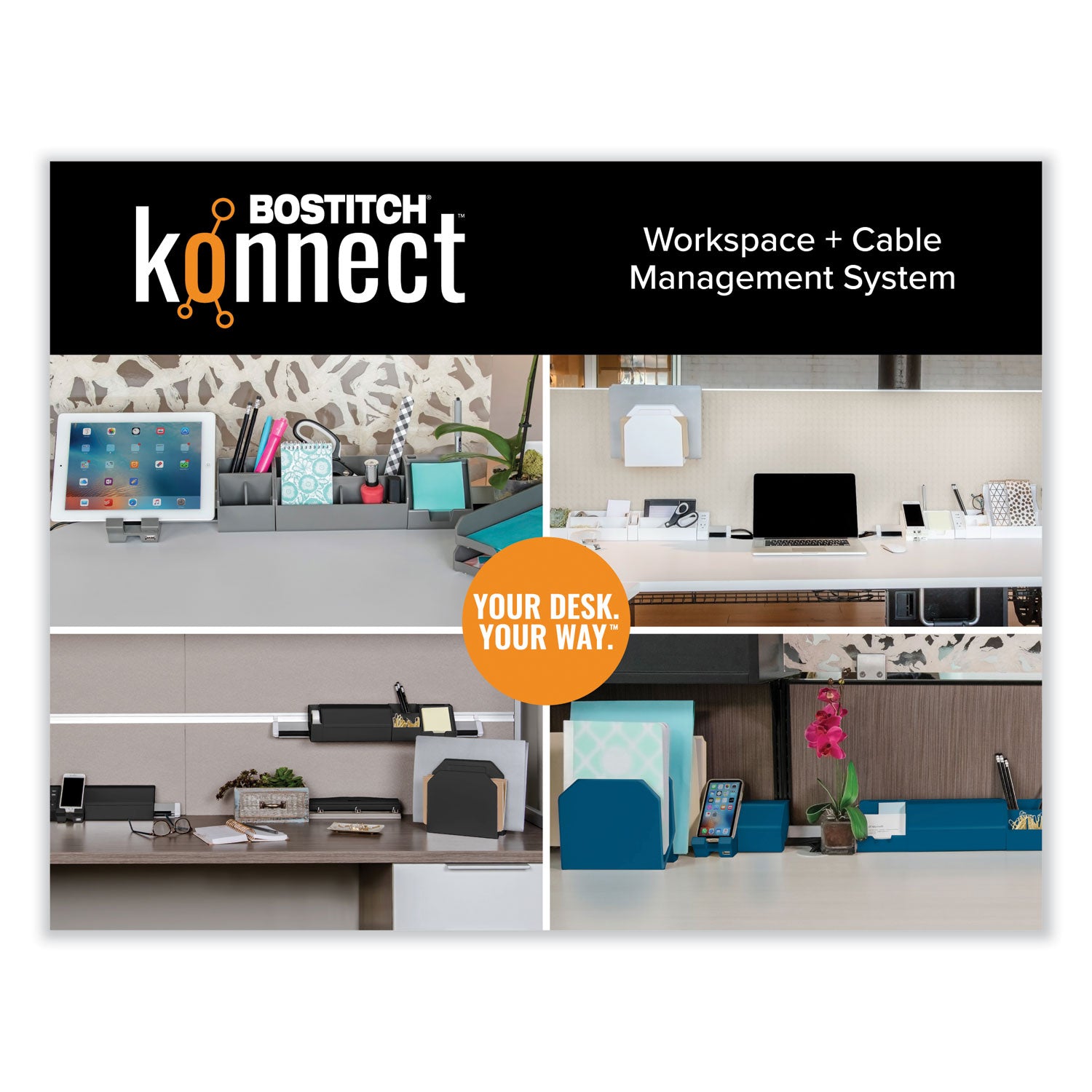 Bostitch® Konnect Desk Organizer and Cable Management 17-Piece Kit, Plastic, Blue