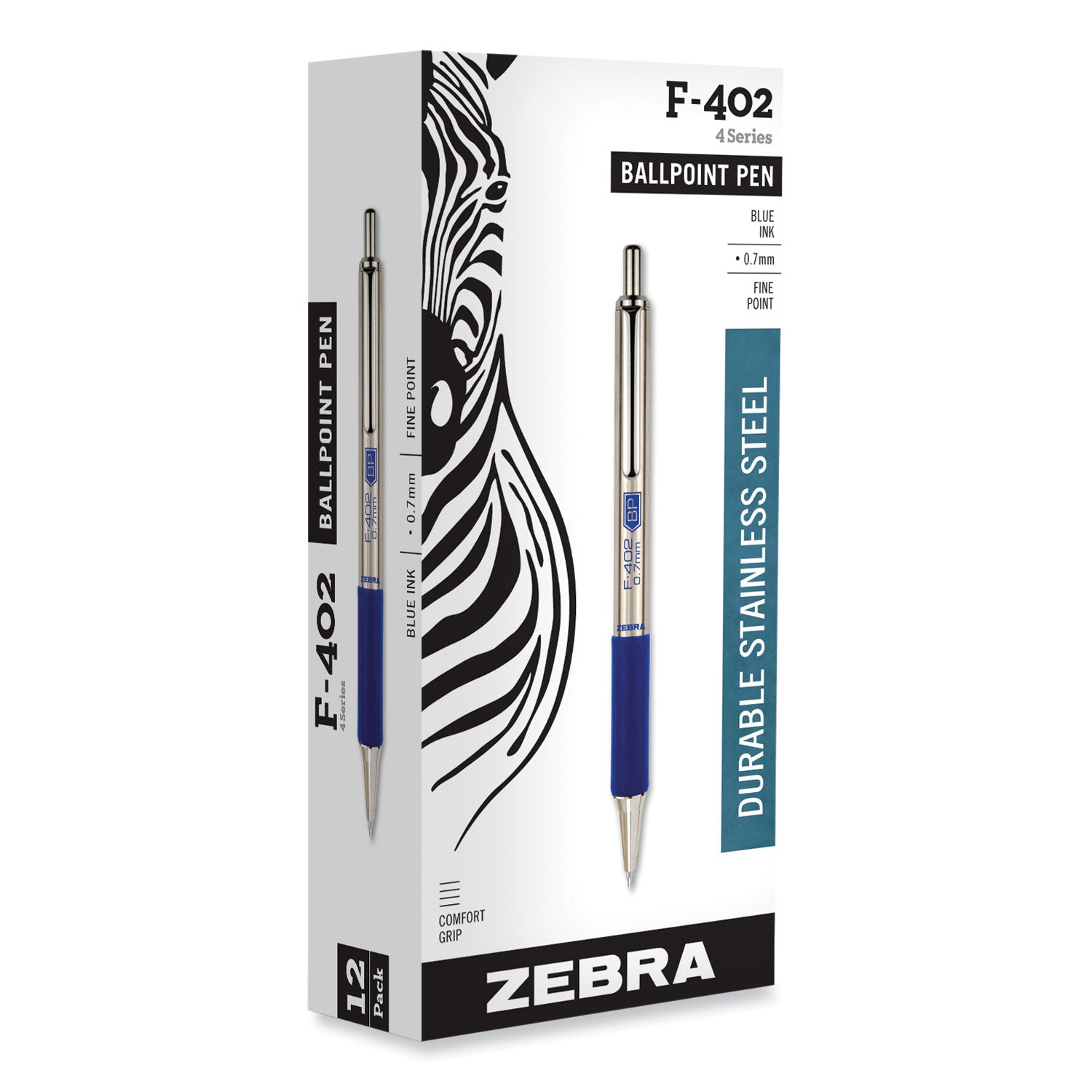 Zebra® F-402 Ballpoint Pen, Retractable, Fine 0.7 Mm, Blue Ink, Stainless Steel/blue Barrel