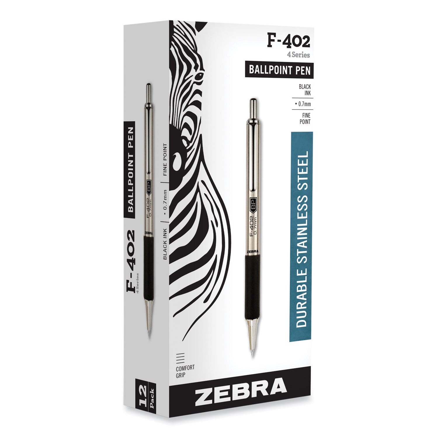Zebra® F-402 Ballpoint Pen, Retractable, Fine 0.7 Mm, Black Ink, Stainless Steel/black Barrel