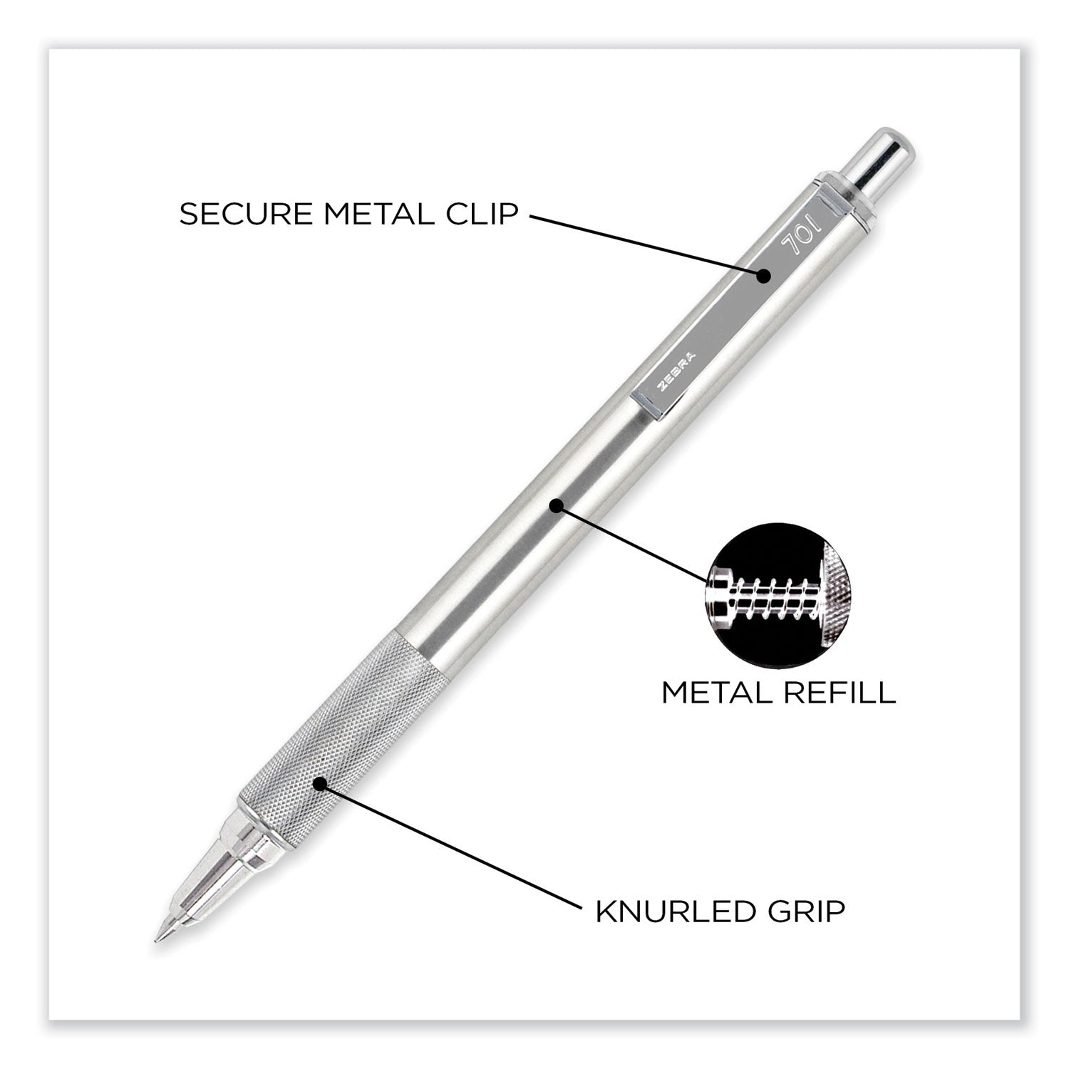Zebra® F-701 Ballpoint Pen, Retractable, Fine 0.7 Mm, Black Ink, Stainless Steel/black Barrel