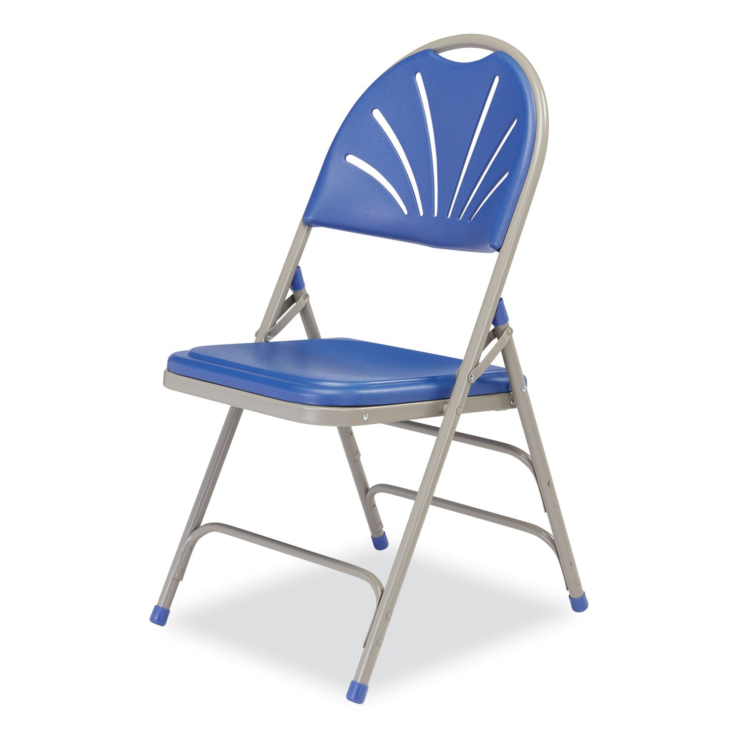 NPS® 1100 Series Deluxe Fan-Back Tri-Brace Folding Chair, Supports Up to 500 lb, Blue Seat, Blue Back, Gray Base, 4/Carton