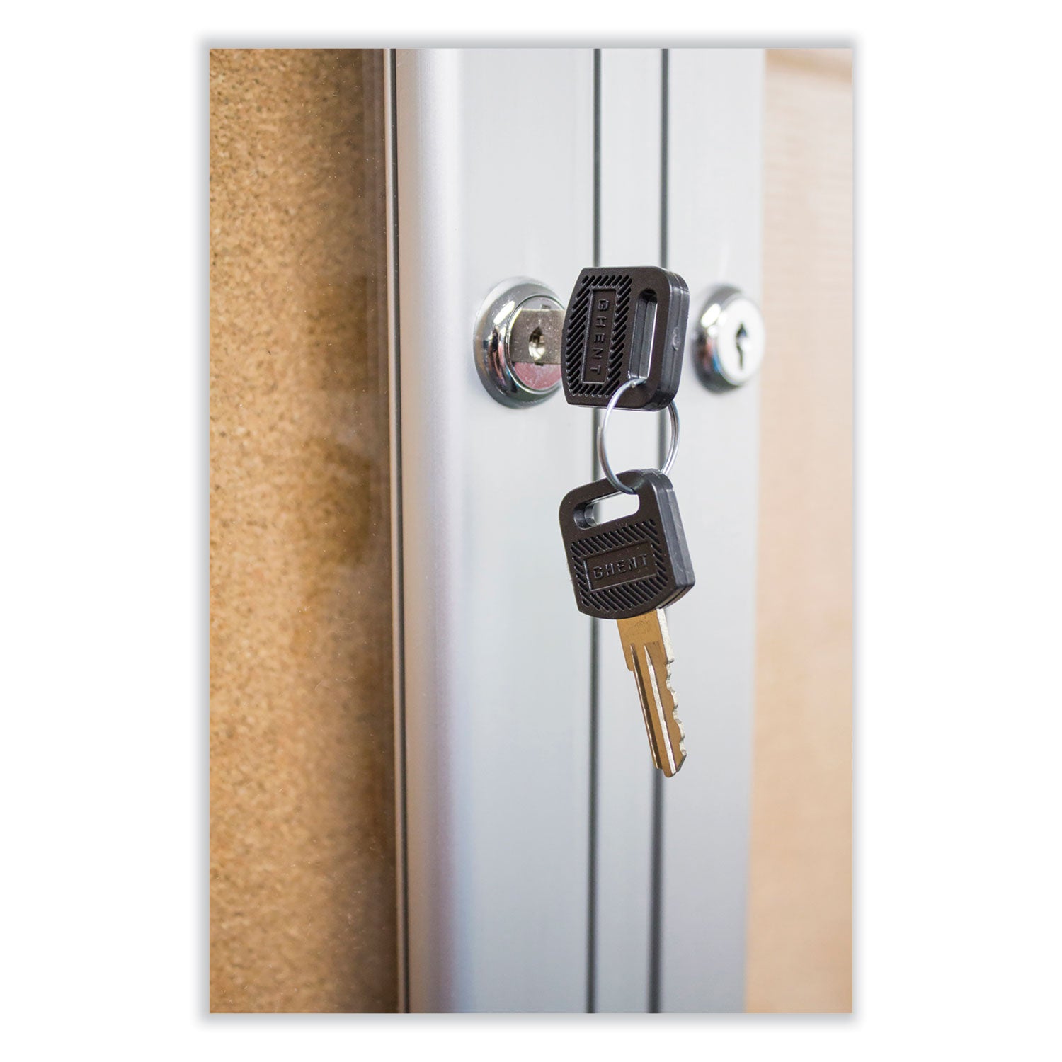 Ghent 1 Door Enclosed Natural Cork Bulletin Board with Satin Frame, 18" x 24", Tan Surface, Satin Aluminum Frame