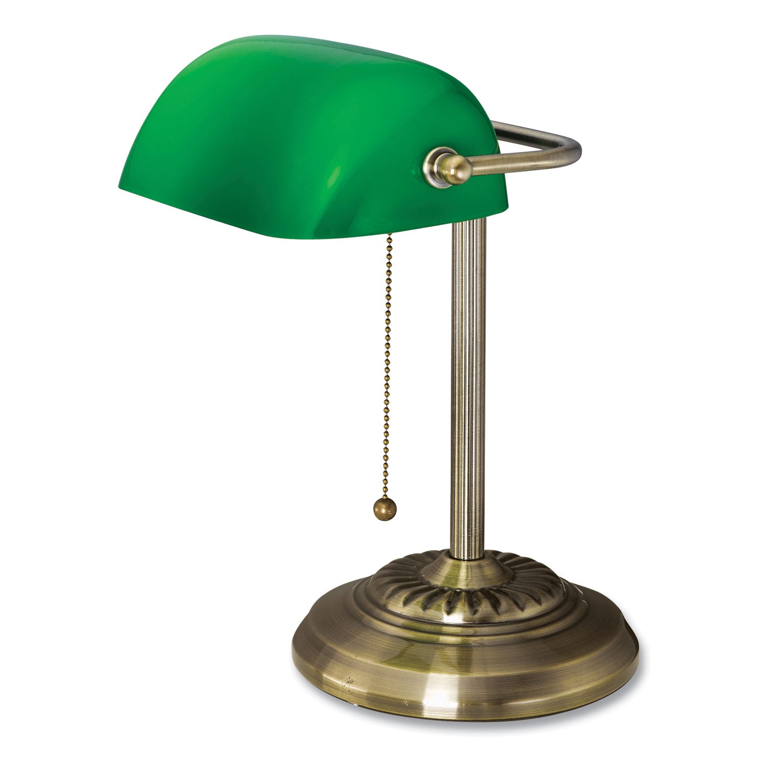 V-Light LED Bankers Lamp with Green Shade, Cable Suspension Neck, 13.5" High, Antique Brass