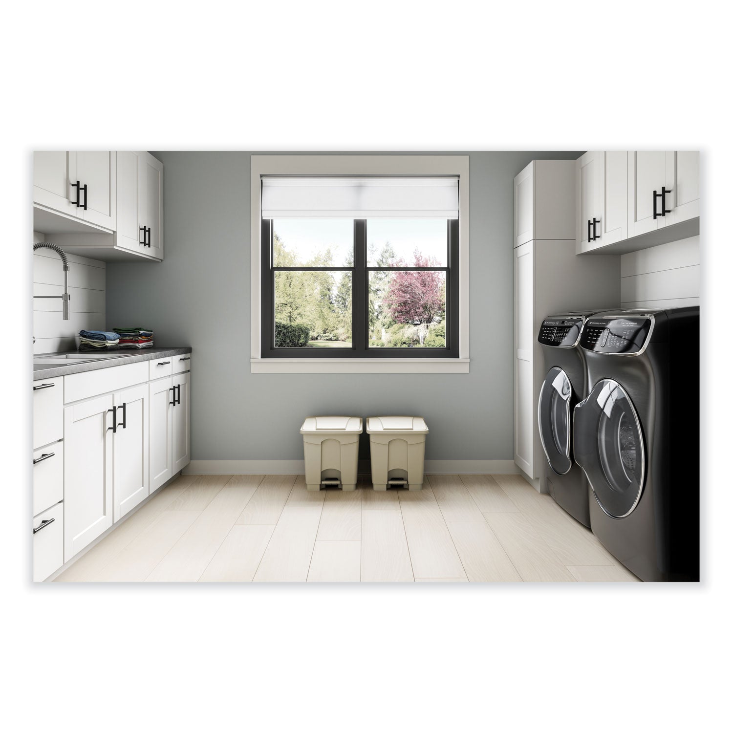 Safco® Plastic Step-On Receptacle, 8 gal, Metal, Tan