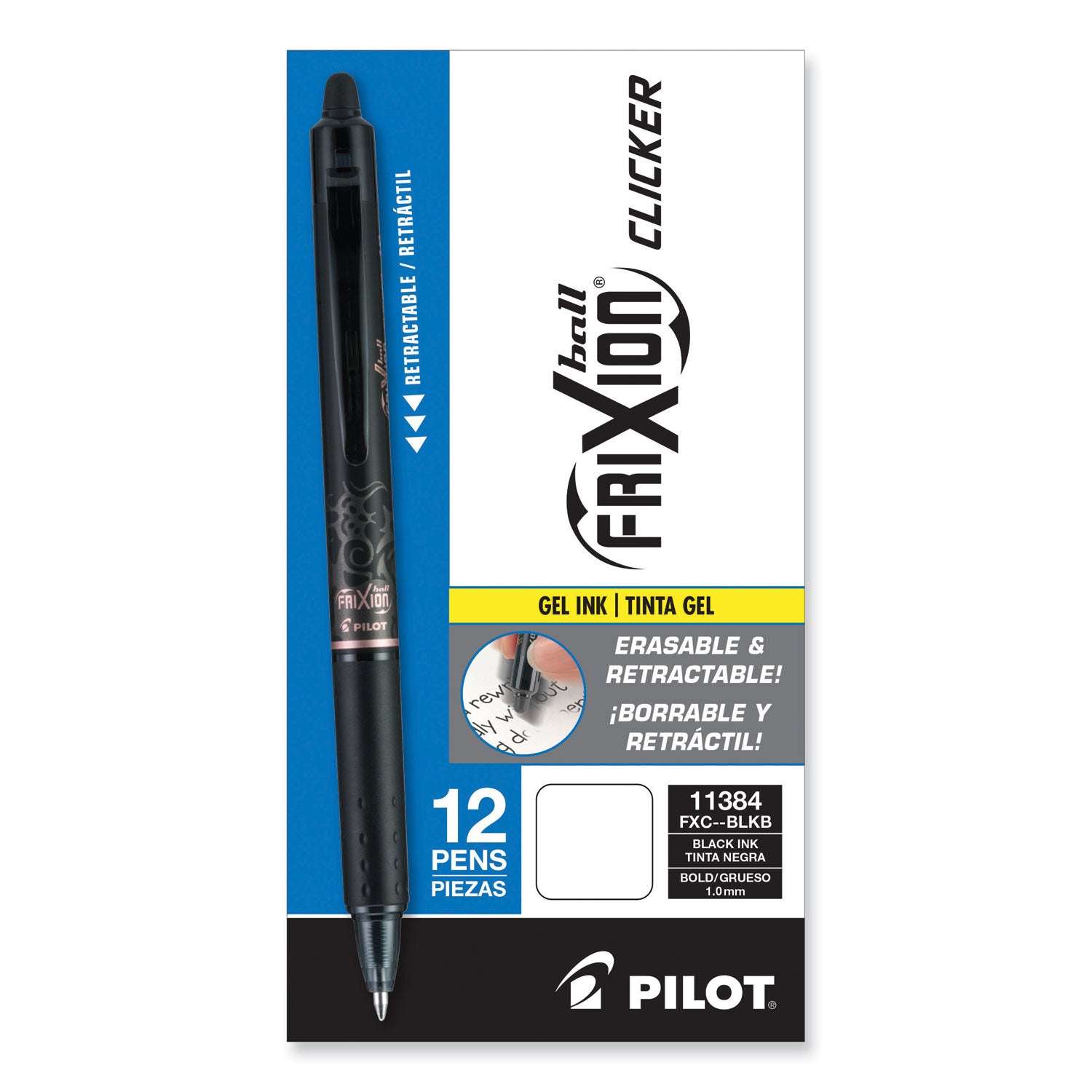 Pilot® Frixion Clicker Erasable Gel Pen, Retractable, Bold 1 Mm, Black Ink, Black Barrel, Dozen