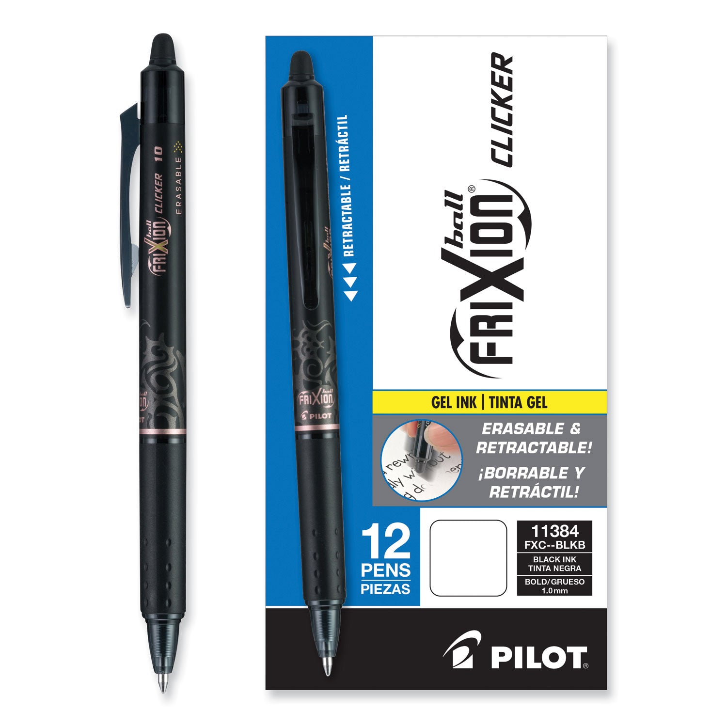 Pilot® Frixion Clicker Erasable Gel Pen, Retractable, Bold 1 Mm, Black Ink, Black Barrel, Dozen