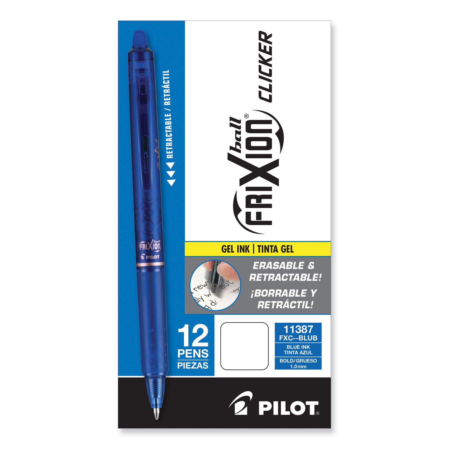 Pilot® Frixion Clicker Erasable Gel Pen, Retractable, Bold 1 Mm, Blue Ink, Blue Barrel, Dozen