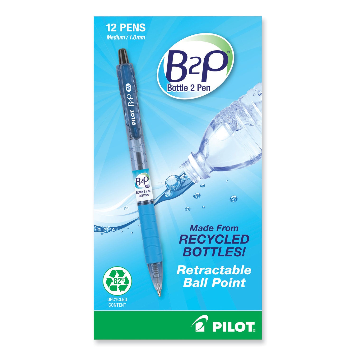 Pilot® B2p Bottle-2-Pen Recycled Ballpoint Pen, Retractable, Medium 1 Mm, Black Ink, Translucent Blue Barrel, Dozen