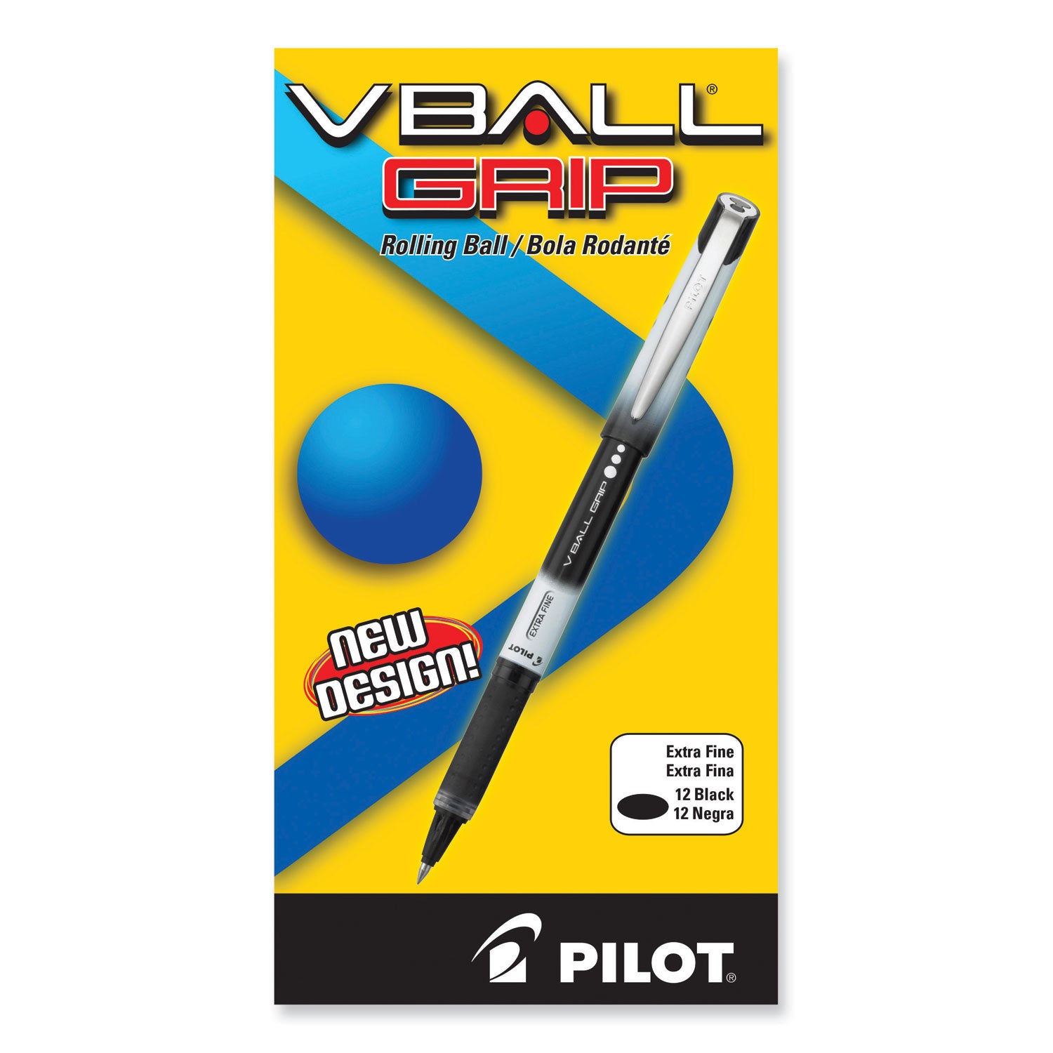 Pilot® VBall Grip Liquid Ink Rollerball Pen, Stick, Extra-Fine 0.5 mm, Black Ink, Black/White Barrel, Dozen