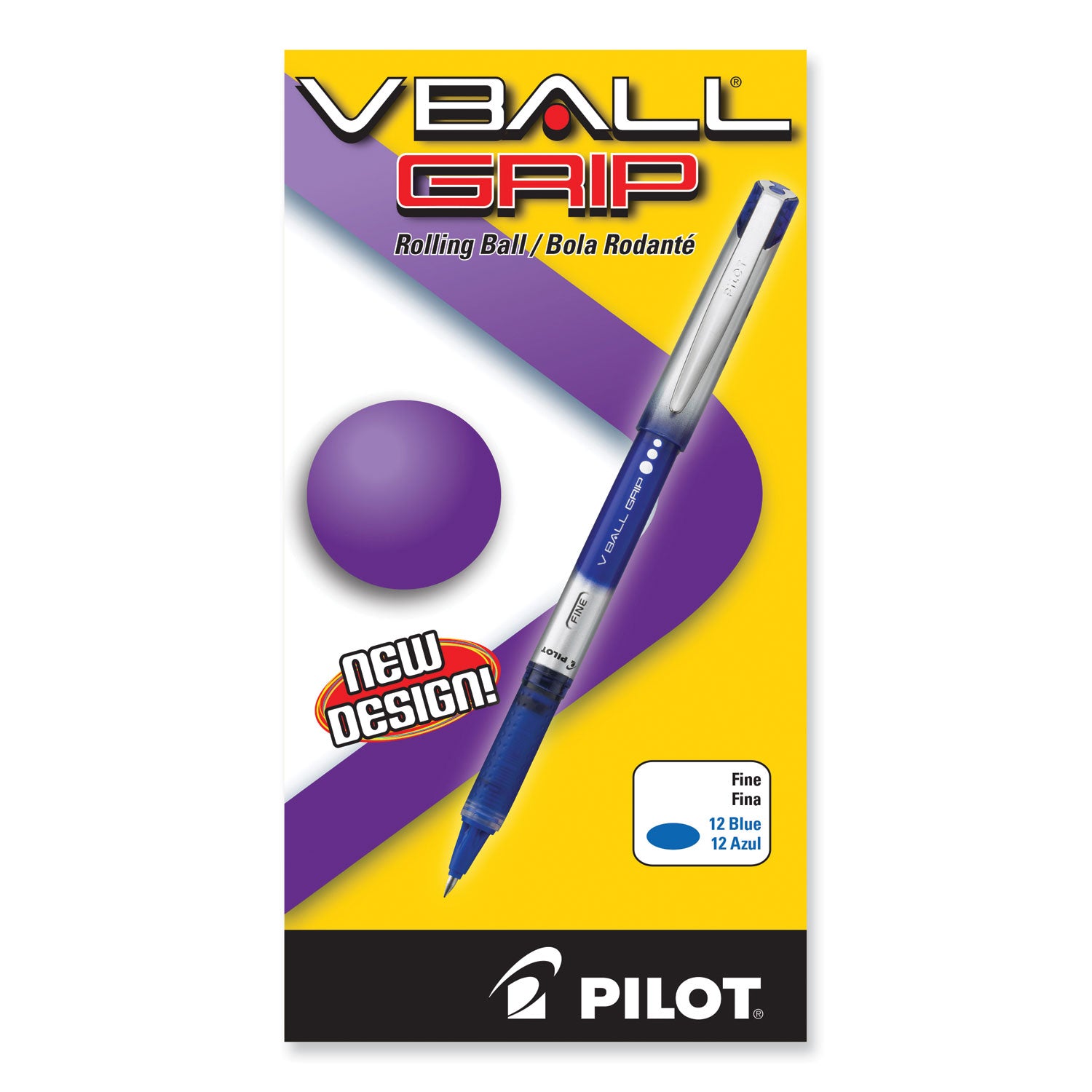 Pilot® VBall Grip Liquid Ink Rollerball Pen, Stick, Fine 0.7 mm, Blue Ink, Blue/Silver Barrel, Dozen