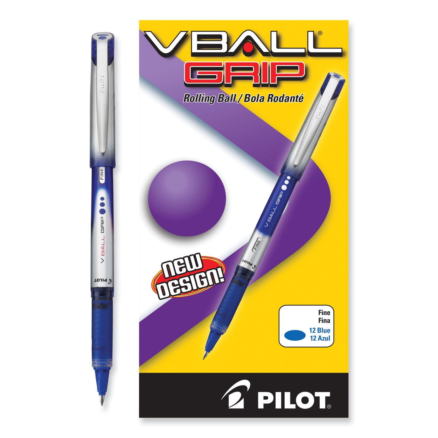 Pilot® VBall Grip Liquid Ink Rollerball Pen, Stick, Fine 0.7 mm, Blue Ink, Blue/Silver Barrel, Dozen