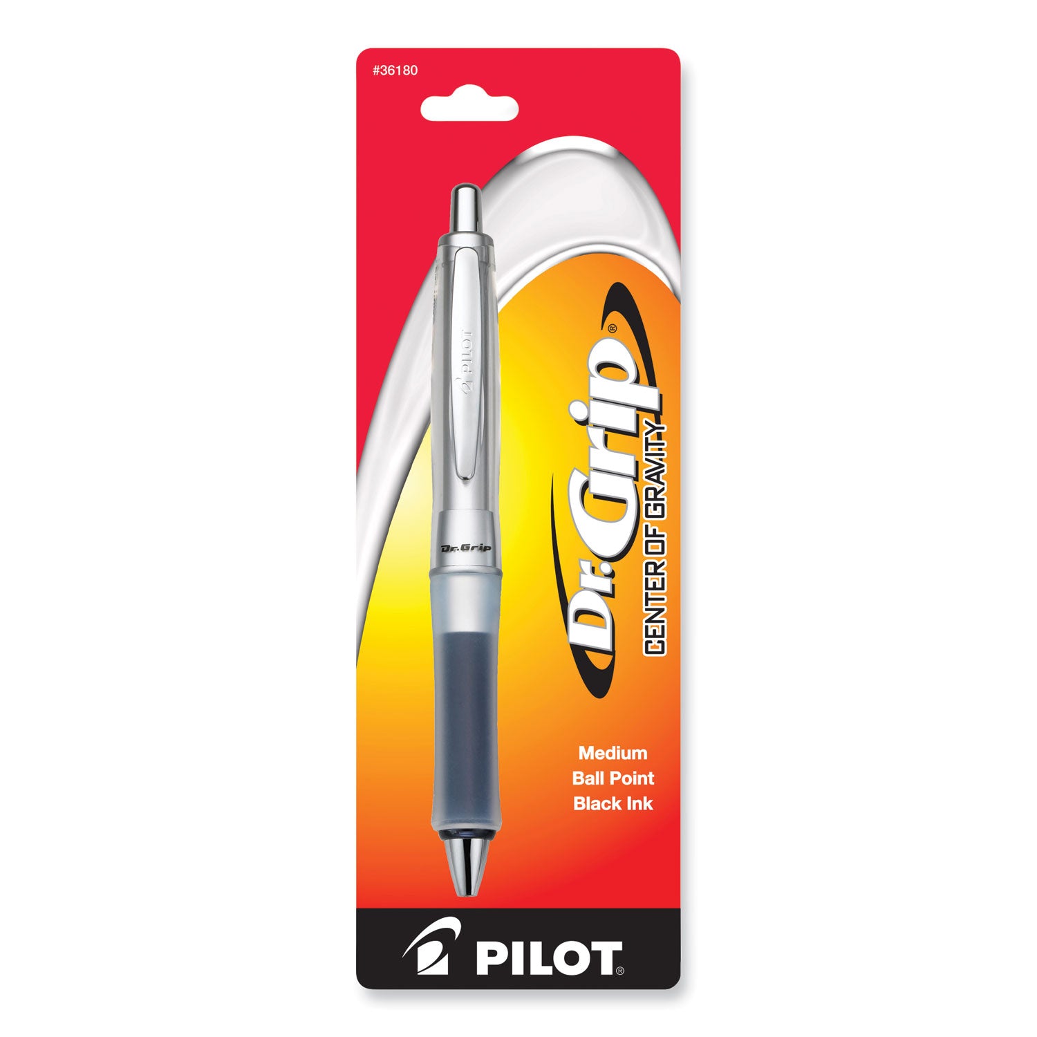 Pilot® Dr. Grip Center of Gravity Ballpoint Pen, Retractable, Medium 1 mm, Black Ink, Silver/Charcoal Barrel