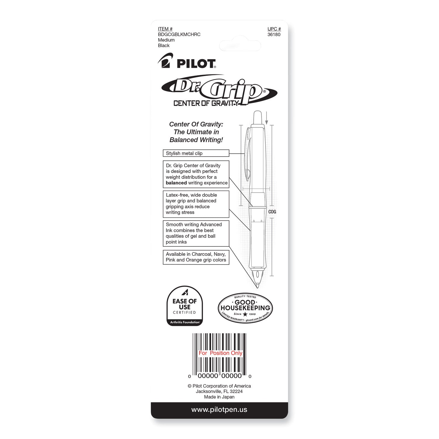 Pilot® Dr. Grip Center of Gravity Ballpoint Pen, Retractable, Medium 1 mm, Black Ink, Silver/Charcoal Barrel