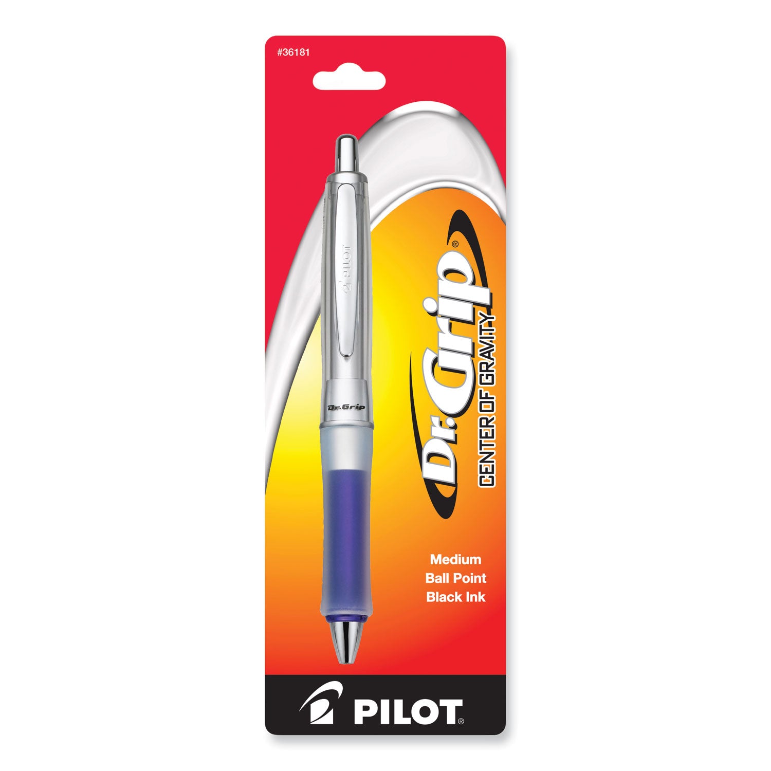 Pilot® Dr. Grip Center of Gravity Ballpoint Pen, Retractable, Medium 1 mm, Black Ink, Silver/Navy Barrel