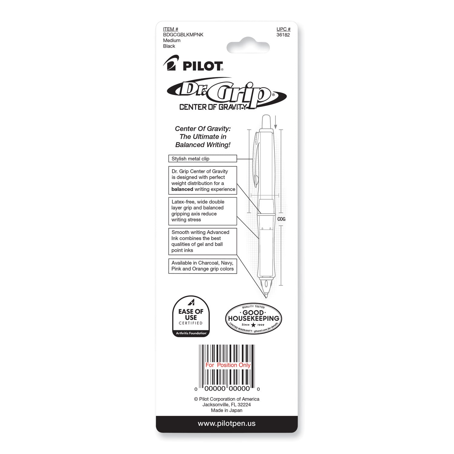 Pilot® Dr. Grip Center of Gravity Ballpoint Pen, Retractable, Medium 1 mm, Black Ink, Silver/Pink Barrel