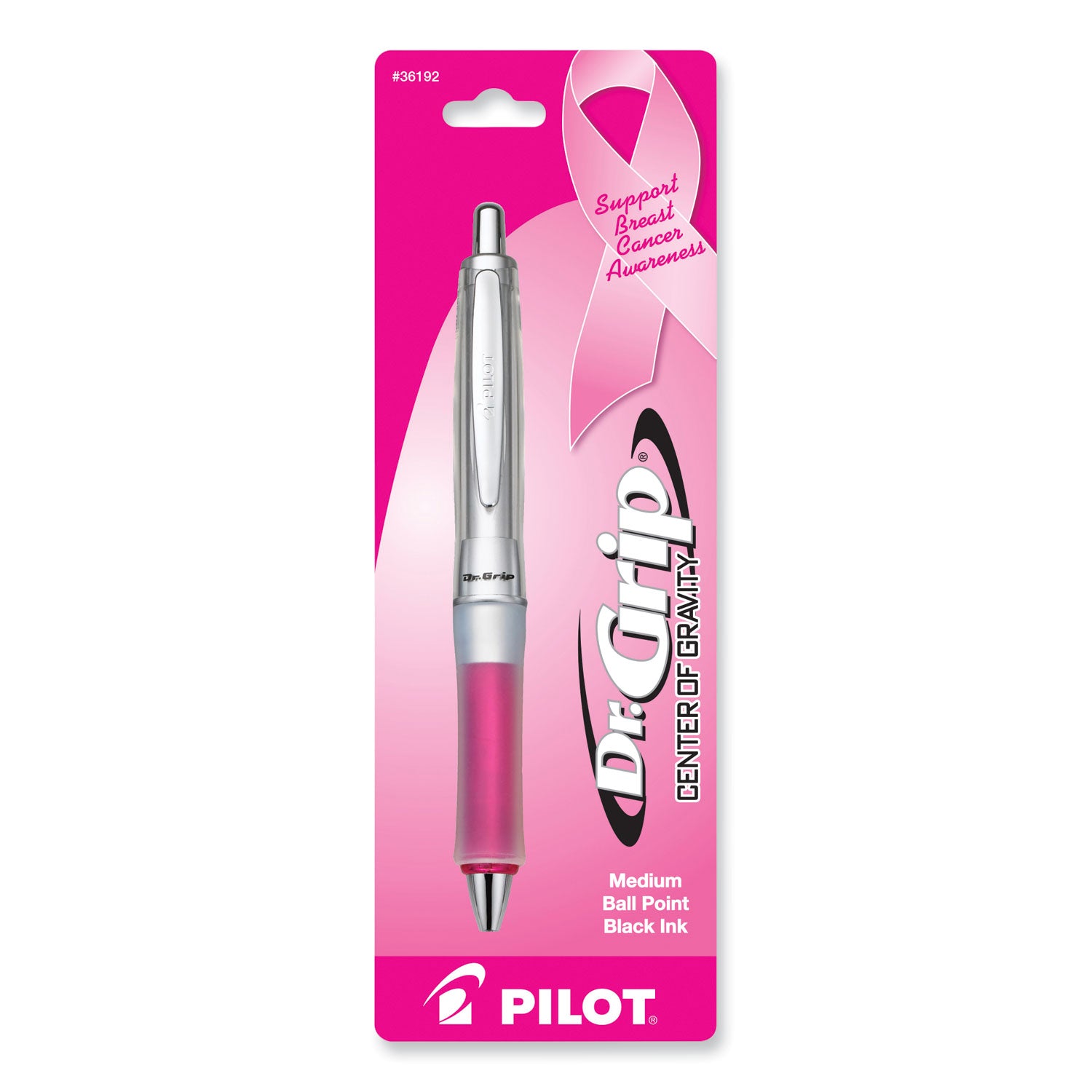 Pilot® Dr. Grip Center of Gravity Breast Cancer Awareness Ballpoint Pen, Retractable, Medium 1 mm, Black Ink, Silver/Pink Barrel