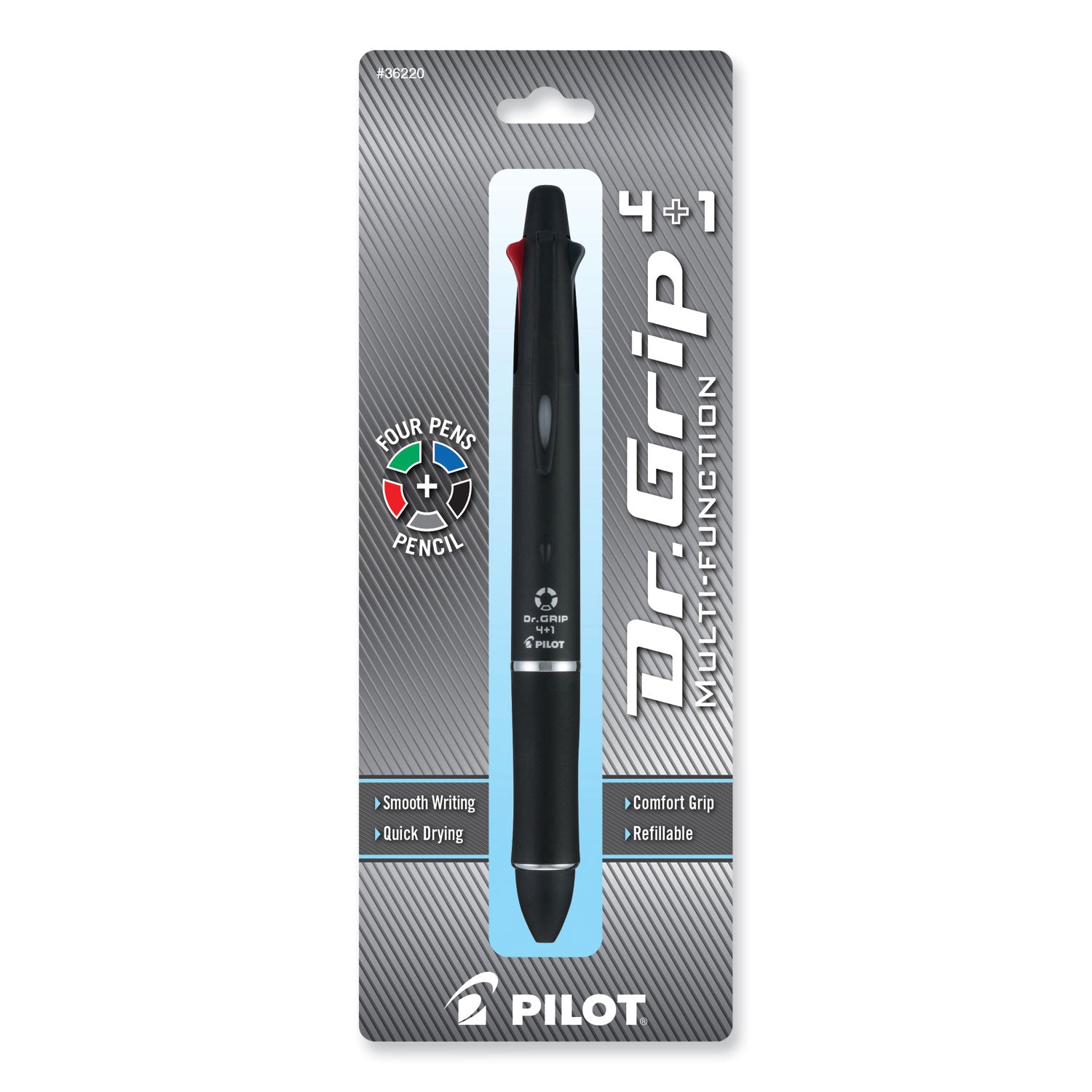 Pilot® Dr. Grip 4 + 1 Multi-Color Ballpoint Pen/Pencil, Retractable, 0.7mm Pen/0.5mm Pencil, Black/Blue/Green/Red Ink, Black Barrel