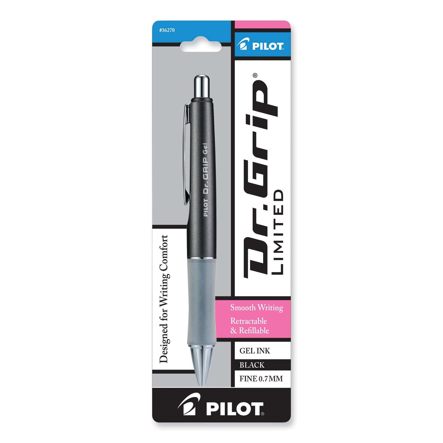 Pilot® Dr. Grip Limited Gel Pen, Retractable, Fine 0.7 Mm, Black Ink, Charcoal Gray Barrel
