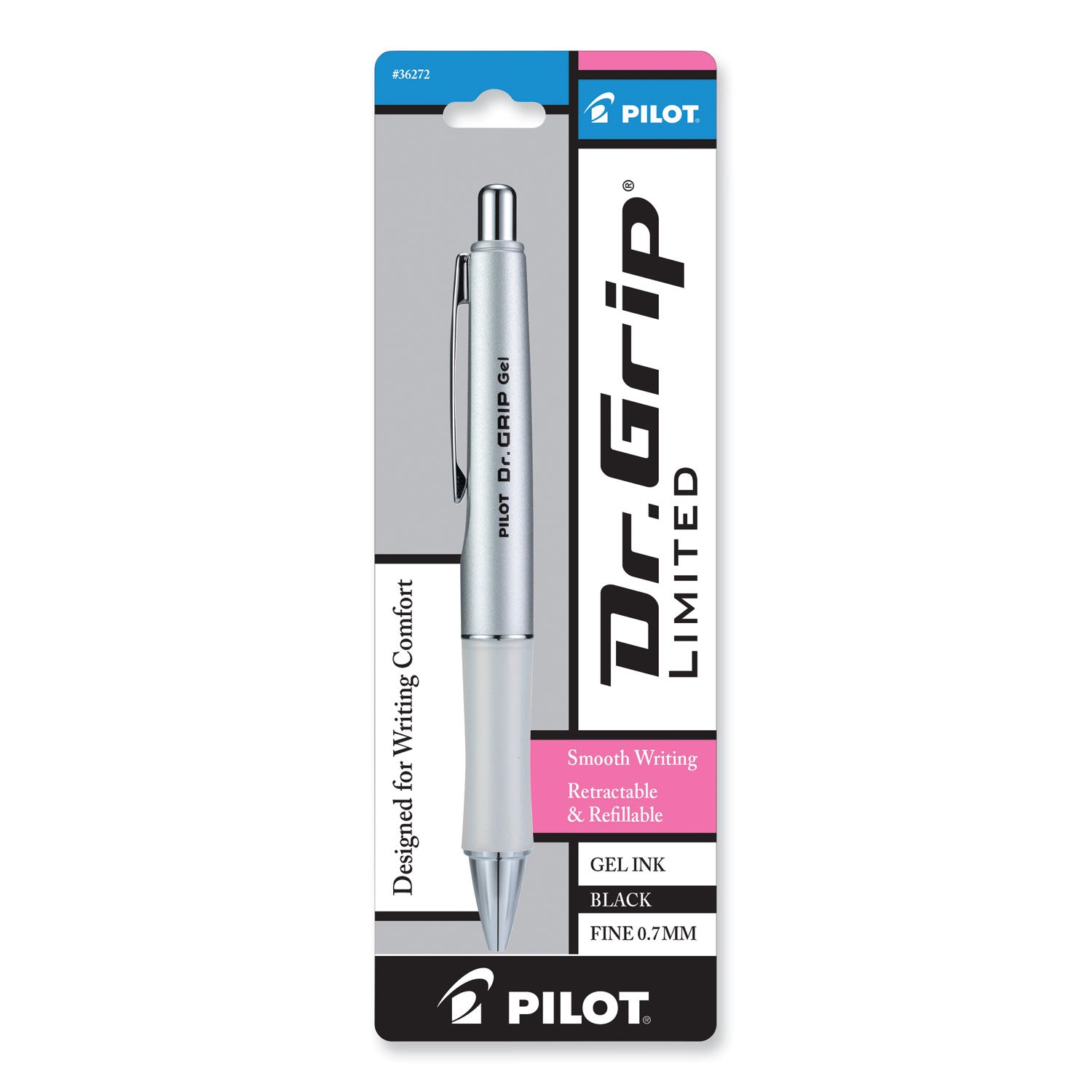 Pilot® Dr. Grip Limited Gel Pen, Retractable, Fine 0.7 Mm, Black Ink, Platinum Barrel