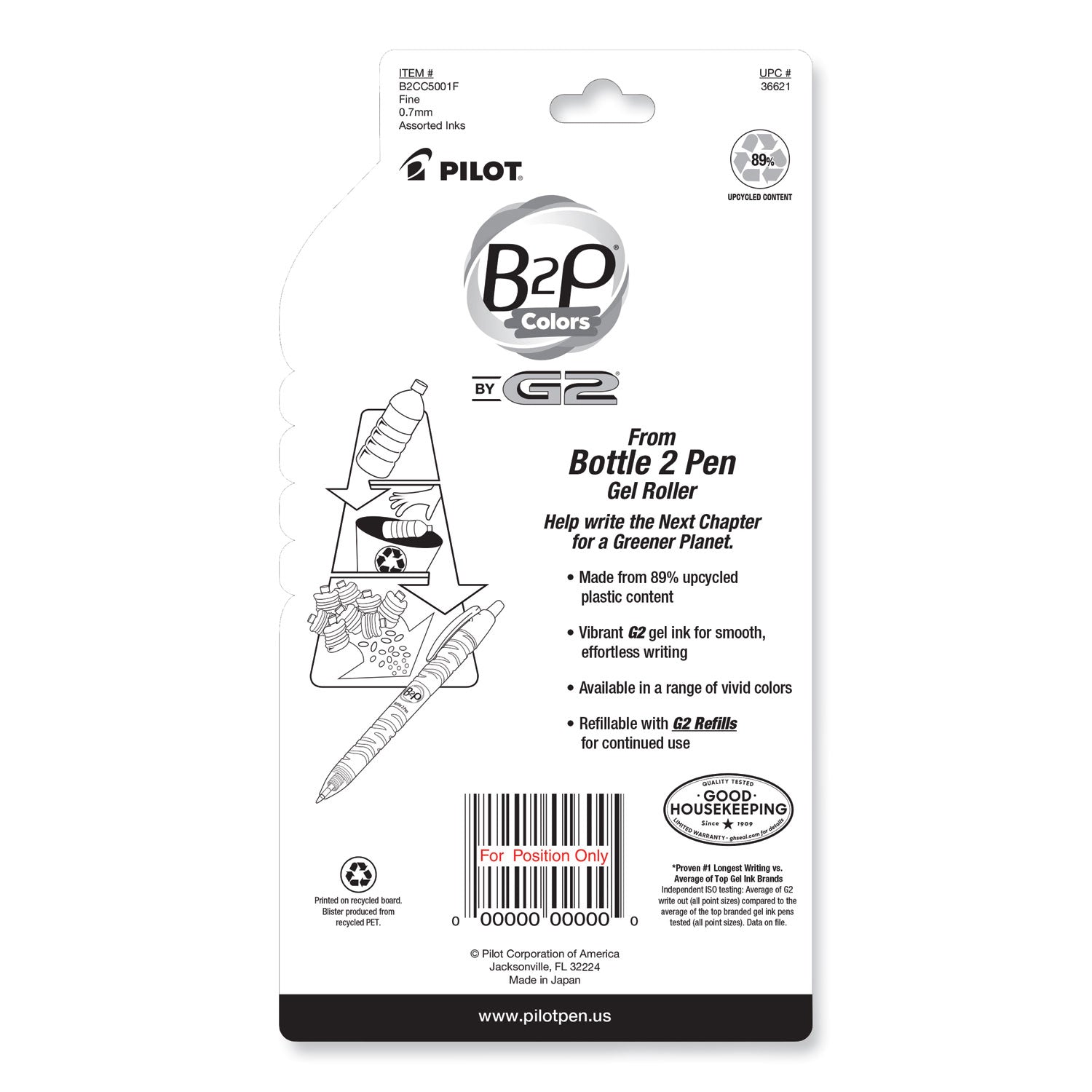Pilot® B2p Bottle-2-Pen Recycled Gel Pen, Retractable, Fine 0.7 Mm, Assorted Ink And Barrel Colors, 5/pack