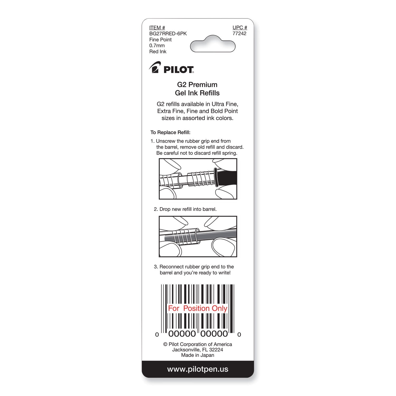 Pilot® Refill For Pilot B2p, Dr Grip, G2, G6, Mr Metropolitan, Precise Begreen And Q7 Gel Pens, Fine Tip, Red Ink, 2/pack