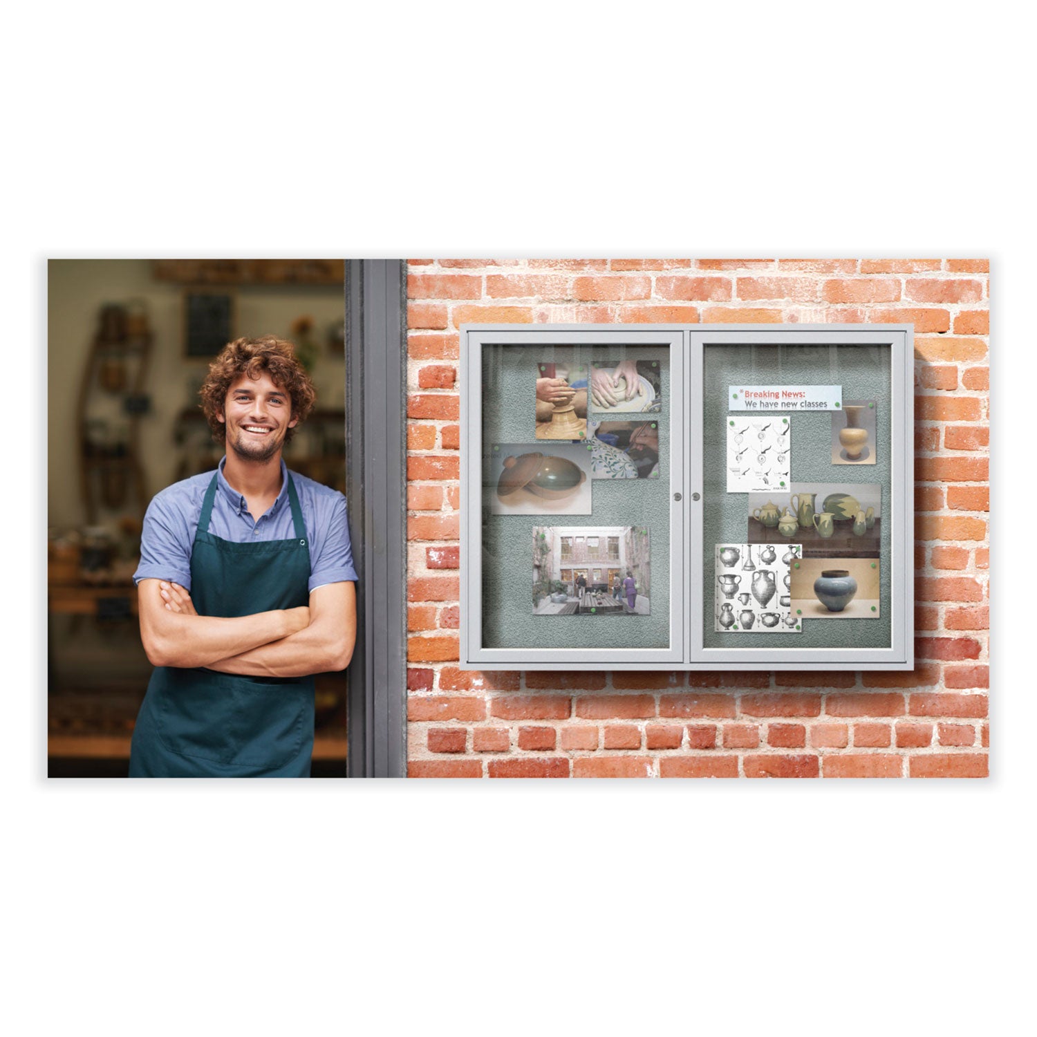 Ghent 2 Door Enclosed Vinyl Bulletin Board with Satin Frame, 60" x 48", Silver Surface, Satin Aluminum Frame