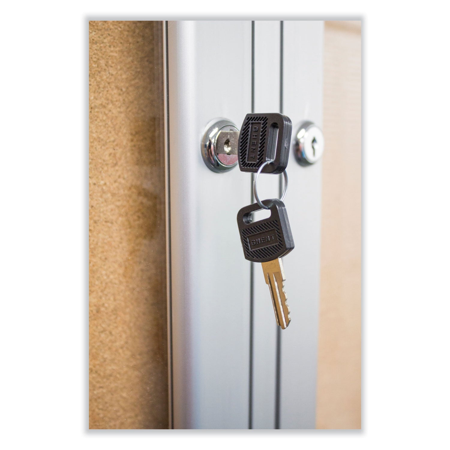 Ghent 2 Door Enclosed Natural Cork Bulletin Board with Satin Frame, 60" x 48", Tan Surface, Satin Aluminum Frame