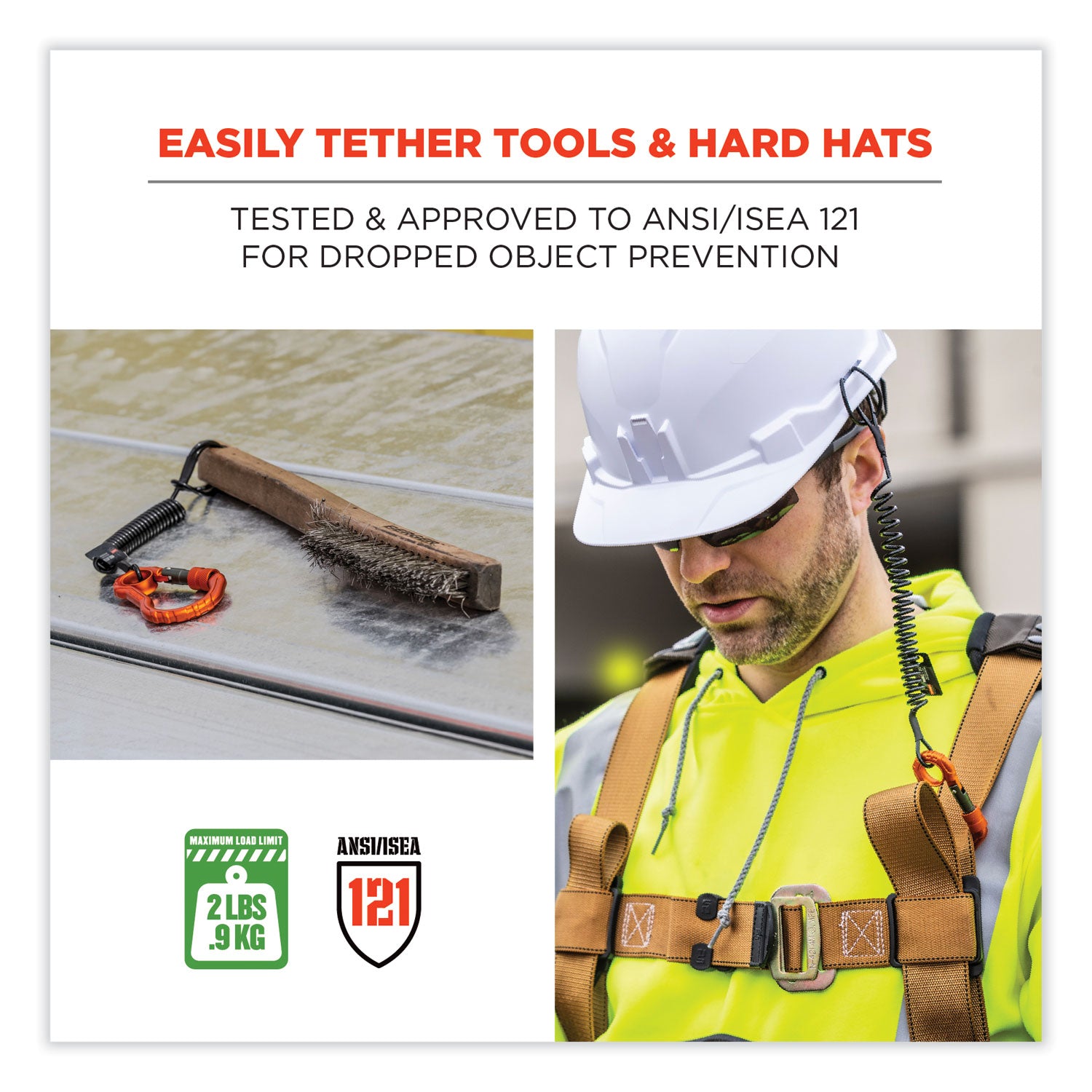 ergodyne® Squids 3156 Coiled Tool Lanyard with Carabiner, 2 lb Max Work Capacity, 12" to 48", Black/Orange