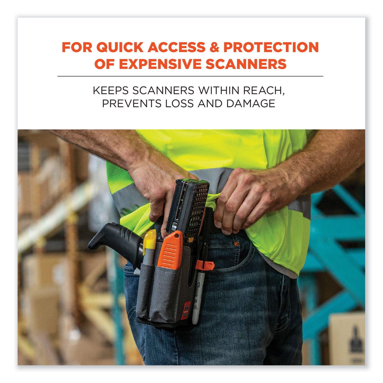 ergodyne® Squids 5541 Handheld Barcode Scanner Holster with Belt Clip, Large, 2 Compartments, 2.75 x 3.5 x 8, Polyester,Gray