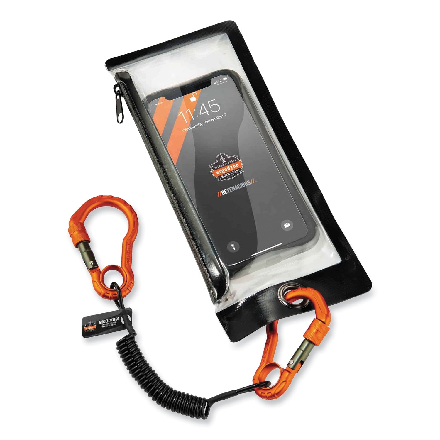 ergodyne® Squids 3166 Coiled Tool Lanyard with Two Carabiners, 2 lb Max Working Capacity, 12" Long, Black