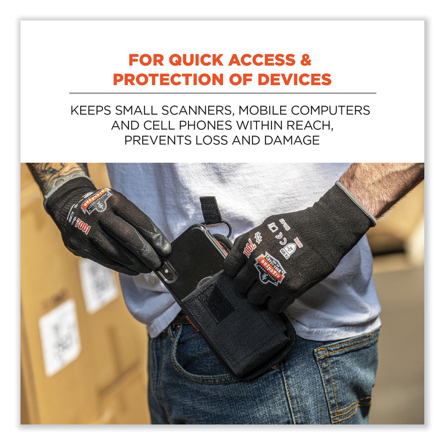 ergodyne® Squids 5542 Phone Style Scanner Holster with Belt Loop, Large, 1 Compartment, 3.75 x 1.25 x 6.5, Polyester, Gray