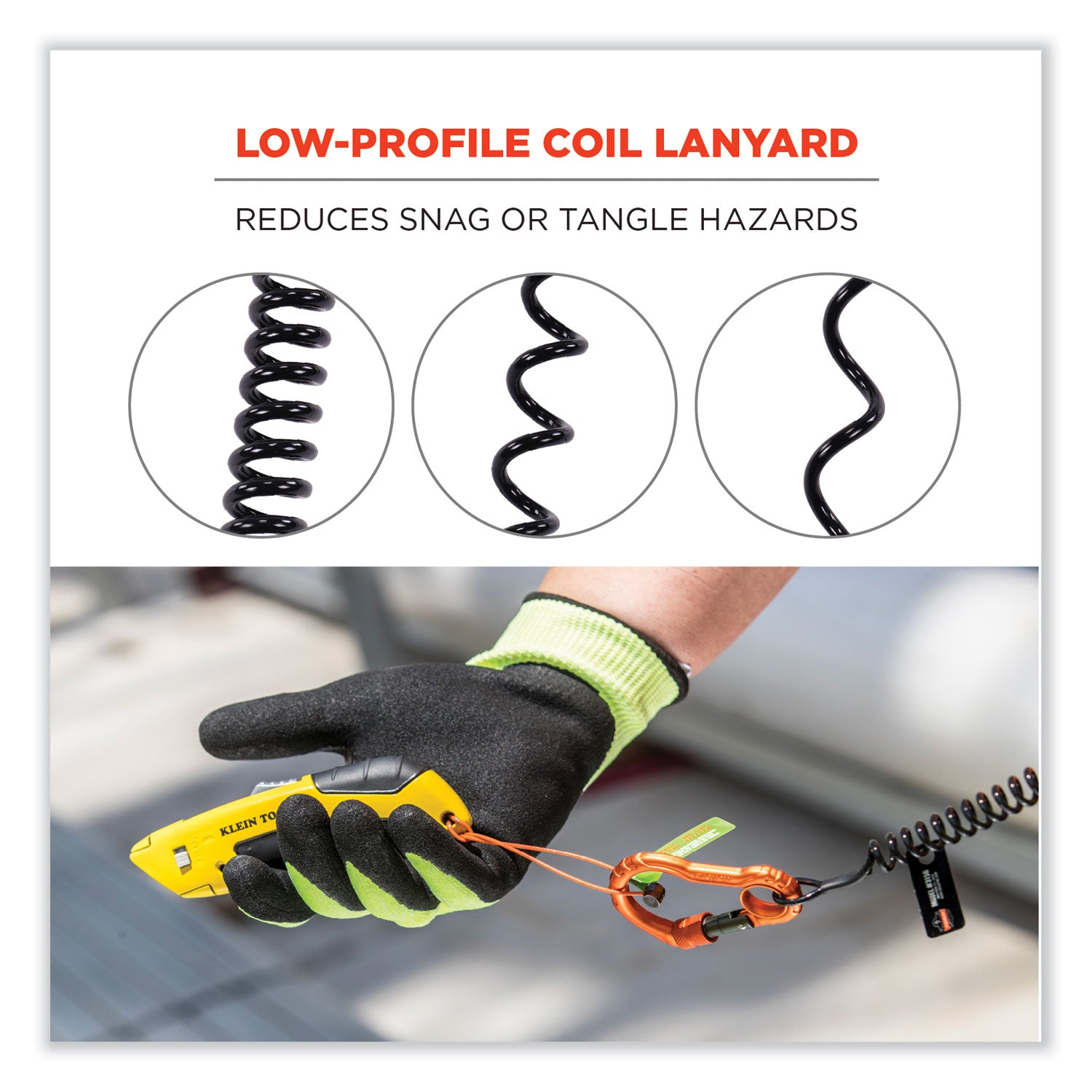 ergodyne® Squids 3166 Coiled Tool Lanyard with Two Carabiners, 2 lb Max Working Capacity, 12" Long, Black