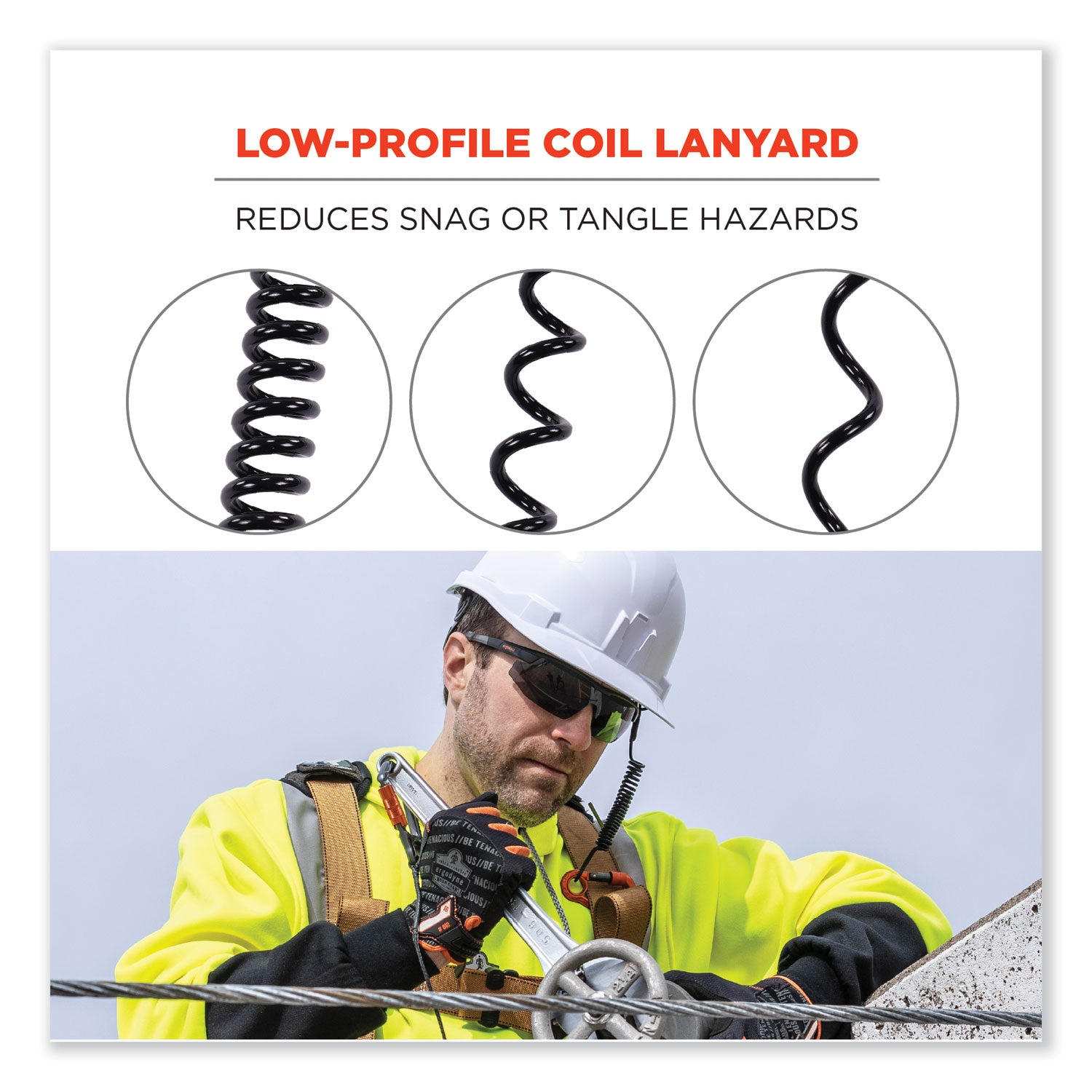 ergodyne® Squids 3156 Coiled Tool Lanyard with Carabiner, 2 lb Max Work Capacity, 12" to 48", Black/Orange