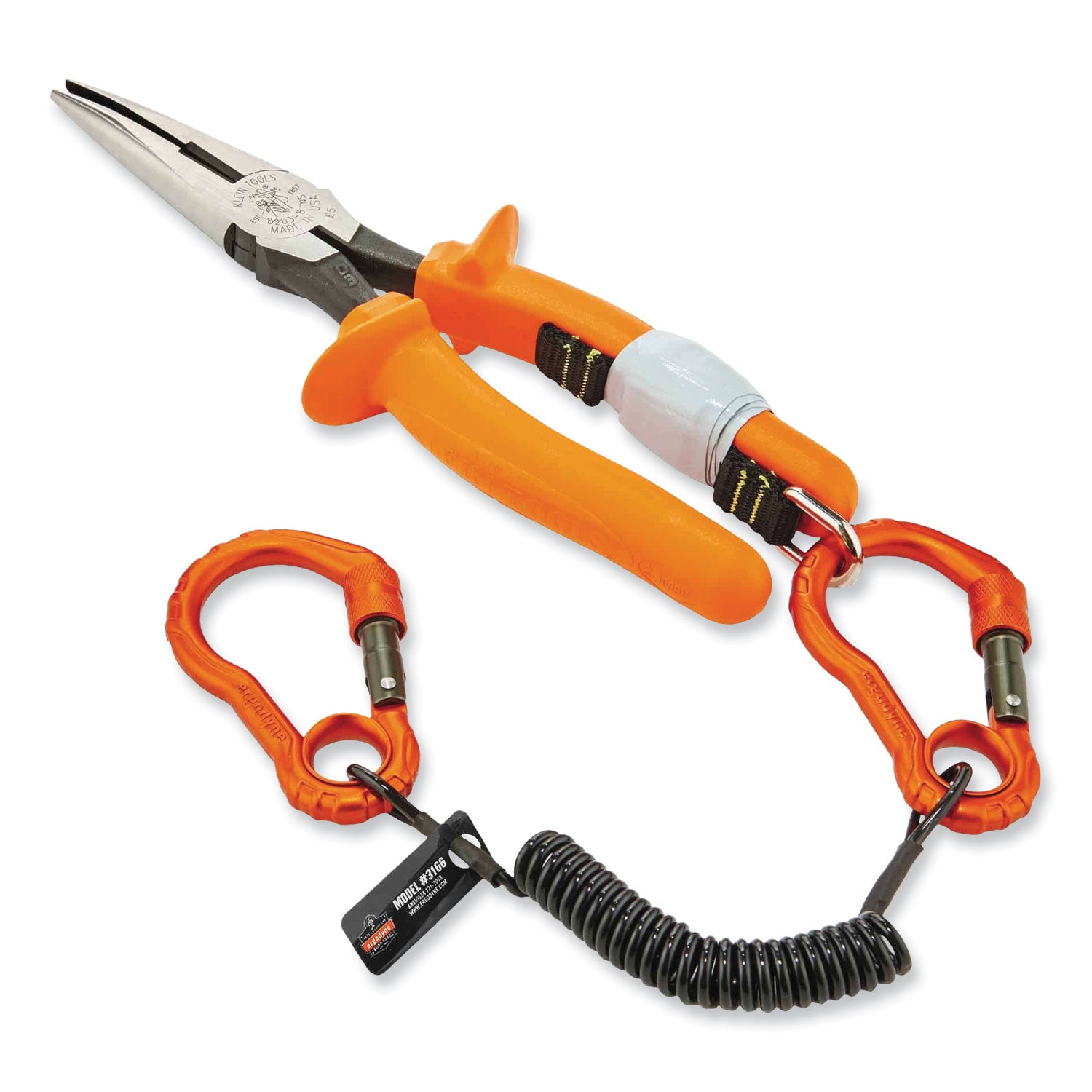 ergodyne® Squids 3166 Coiled Tool Lanyard with Two Carabiners, 2 lb Max Working Capacity, 12" Long, Black