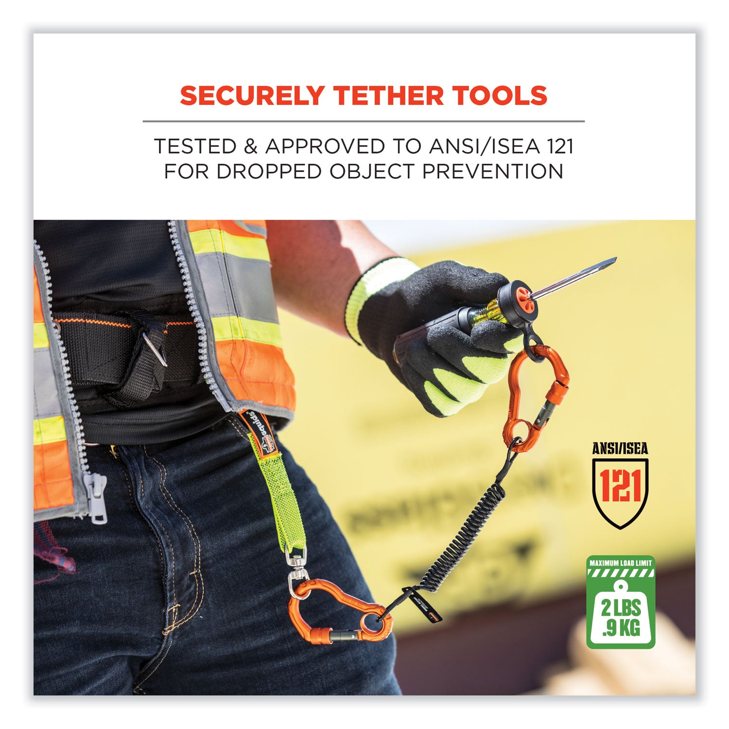 ergodyne® Squids 3166 Coiled Tool Lanyard with Two Carabiners, 2 lb Max Working Capacity, 12" Long, Black